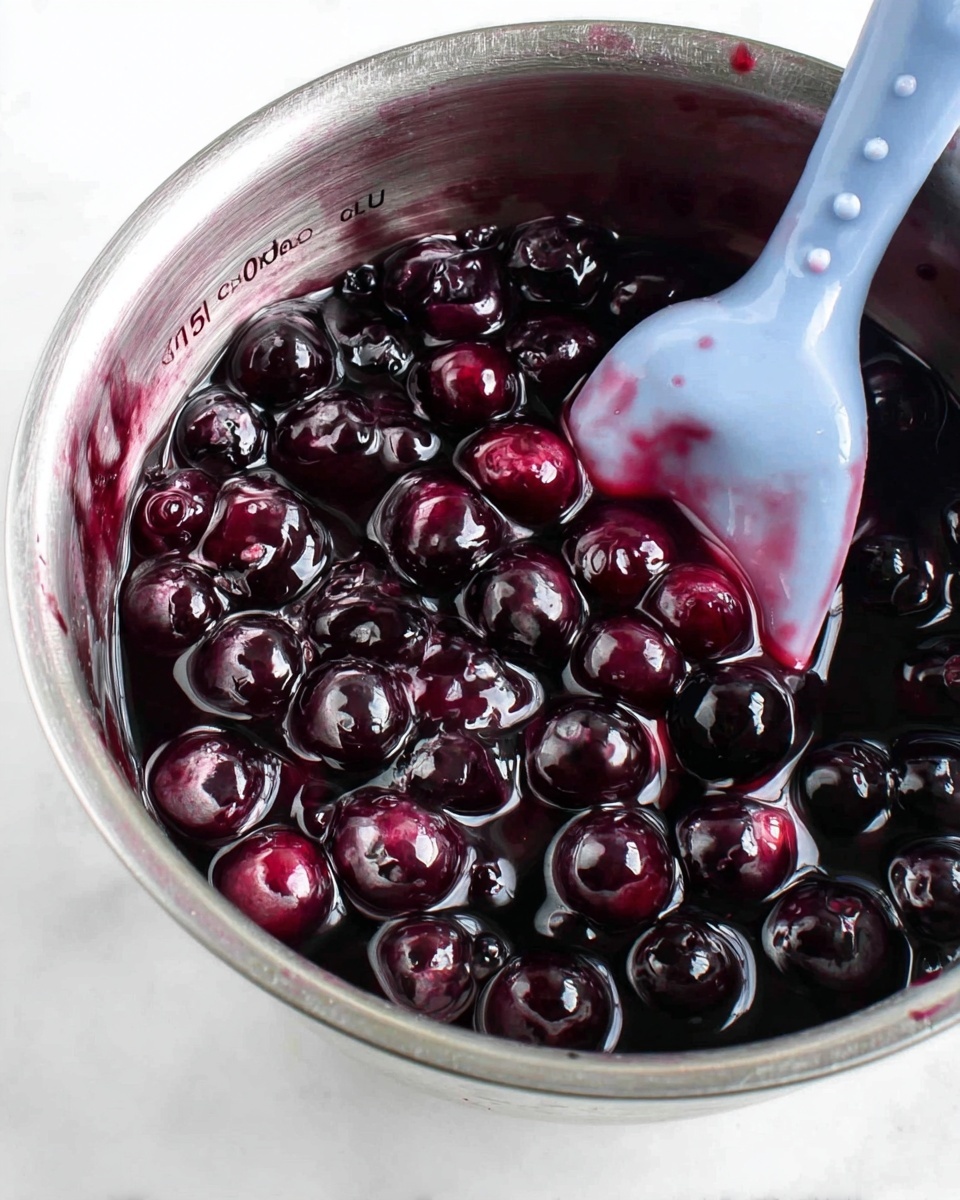 The image shows a close-up of a metal bowl filled with glossy, dark purple and black blueberries in a syrupy liquid. A pale blue spatula coated with the same purple juice is resting inside the bowl on the right side, partly lifting some of the berries. The surface under the bowl is a white marbled texture, and measurement marks in black text are visible inside the bowl, showing quantities up to 0.75L or 0.75QT. The overall scene has a bright, clean look with the deep colors of the fruit and liquid standing out against the silver of the bowl and the white background. photo taken with an iphone --ar 4:5 --v 7