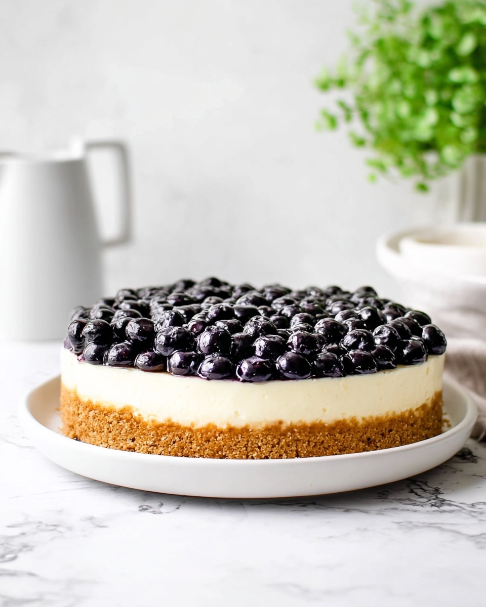 A three-layered cheesecake sits on a white plate on a white marbled surface. The bottom layer is a thick, crumbly light brown crust. The middle layer is a smooth, creamy off-white cheesecake filling, thick and even. The top layer is a shiny pile of plump, round black blueberries, covering the entire surface. In the background, there is a white pitcher and a small green leafy plant slightly blurred. The photo taken with an iphone --ar 4:5 --v 7