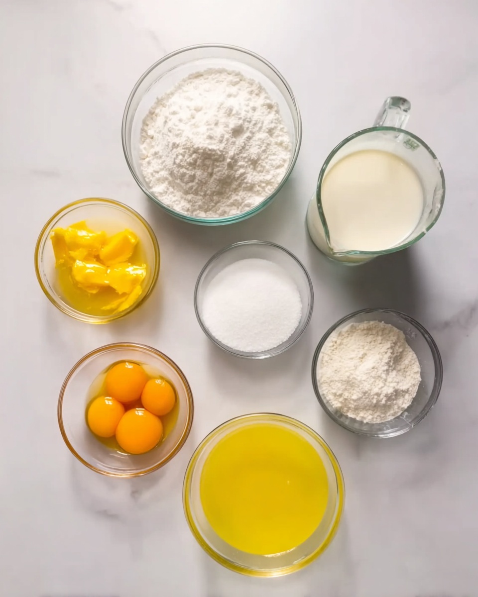 The image shows six clear glass bowls and a clear glass measuring cup arranged on a white marbled surface. Near the top center is a bowl with a white powder, likely baking soda or baking powder. To its right, the glass measuring cup is filled with milk. Below the measuring cup, a smaller bowl holds white flour. At the bottom center, there is a bowl filled with white granulated sugar. To the left of sugar, a bowl contains three egg yolks with a deep yellow-orange color. Above the egg yolks, a bowl with melted yellow butter is visible. In the center of the image, a larger bowl contains a yellow liquid, probably egg whites or oil. The setup is clear and clean, with bright natural lighting, making the layers and textures of each ingredient easy to see photo taken with an iphone --ar 4:5 --v 7