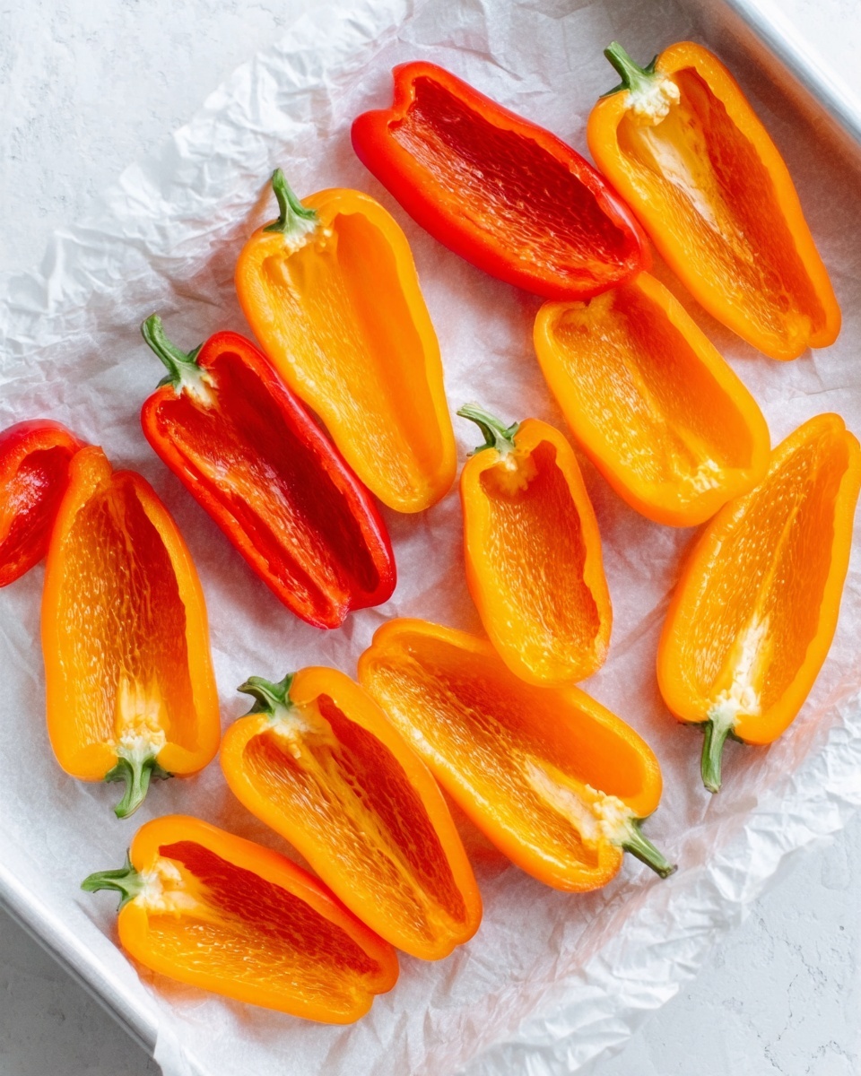 The image shows several orange and red bell pepper halves placed inside a white tray lined with crumpled white parchment paper. The peppers are arranged in a scattered pattern, all cut lengthwise and hollowed out, showing their smooth shiny skin and textured inner flesh. The white marbled surface underneath the tray adds a clean and fresh background contrast to the bright colors of the peppers. Photo taken with an iphone --ar 4:5 --v 7