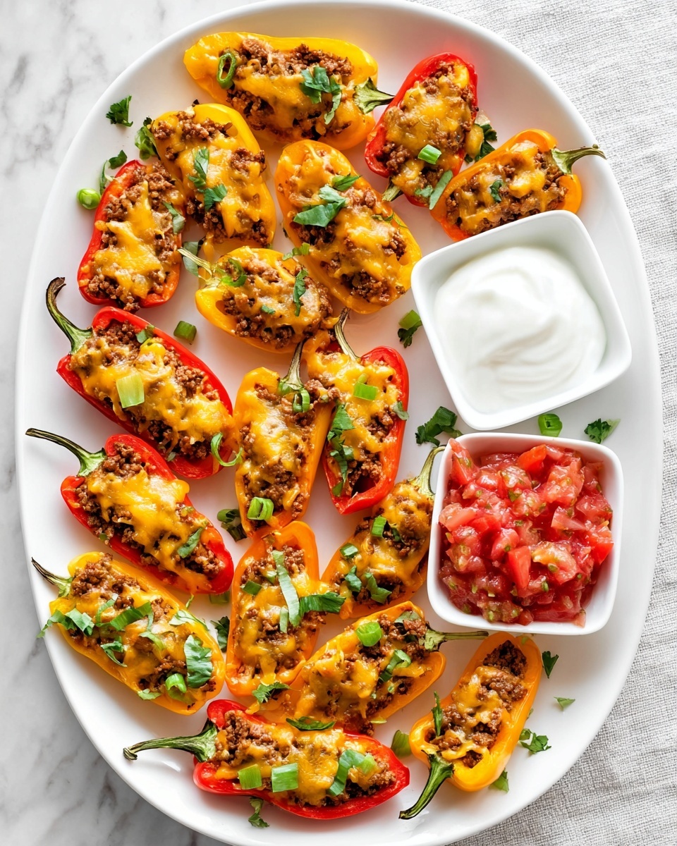 The image shows several orange bell pepper halves placed on a white plate with a white marbled texture surface. Each pepper half has three visible layers: the base is the orange pepper shell holding a layer of brown cooked meat filling mixed with small bits of vegetables, topped by a layer of melted yellow and white cheese that is slightly stringy and unevenly spread. Some green chopped herbs are sprinkled on top and around the stuffed peppers, adding a fresh touch. The peppers are arranged close together, filling most of the plate. Photo taken with an iphone --ar 4:5 --v 7