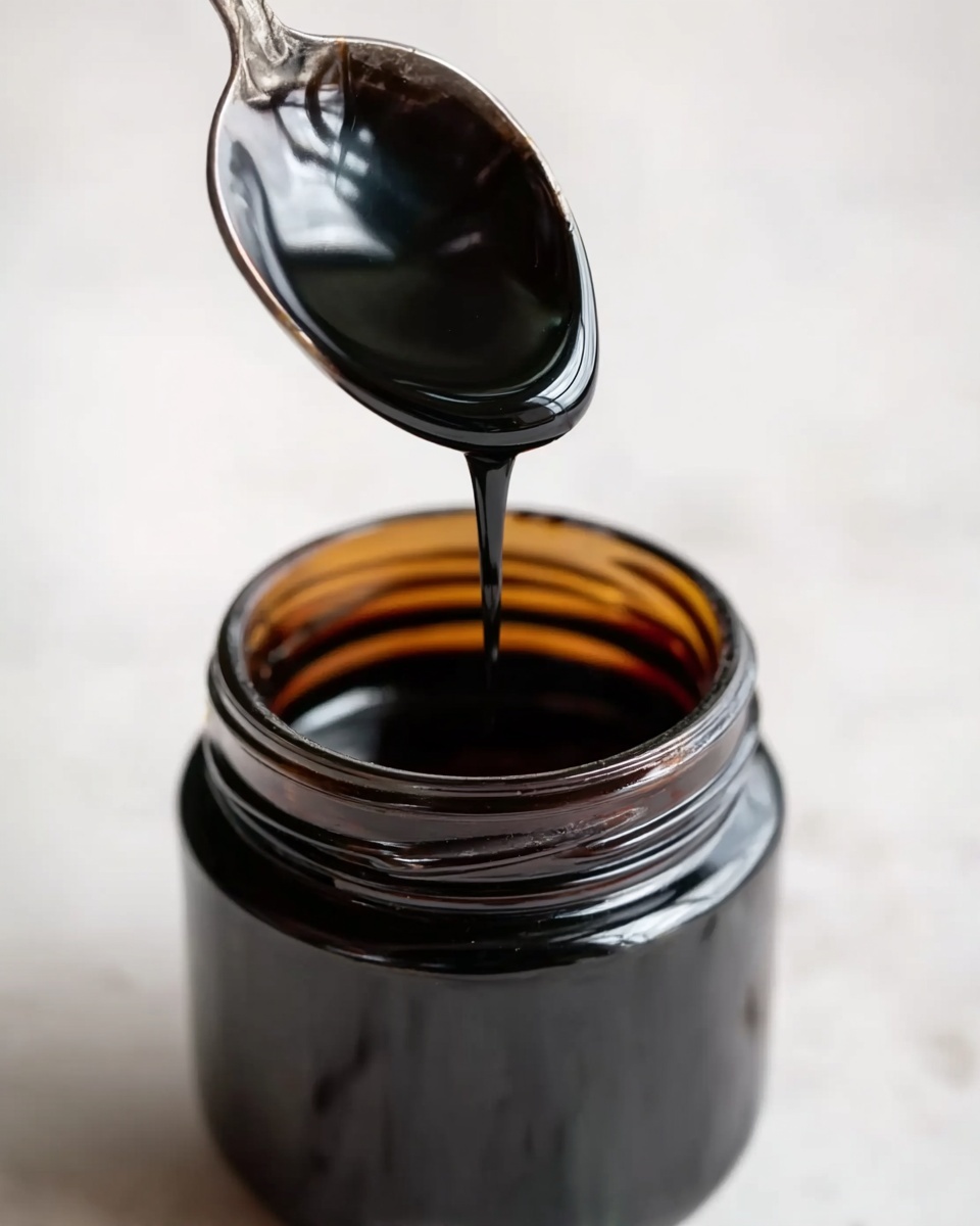 The image shows a close-up of a dark brown glass jar filled with thick, shiny black syrup. A silver spoon is held above the jar, with the syrup slowly dripping off the spoon’s tip in a smooth, continuous thread. The background is a white marbled surface, softly blurred to keep the focus on the jar and syrup. photo taken with an iphone --ar 4:5 --v 7