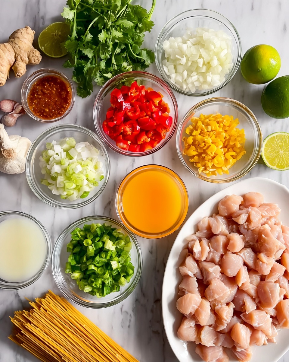 The image shows several clear glass bowls and a white oval plate arranged on a white marbled surface. The white plate on the right side holds many small, pale pink pieces of raw chicken. Around it are small glass bowls containing finely chopped white onions, bright green sliced green onions, finely diced red bell peppers, and a thick red paste. A bunch of fresh green cilantro sits near a whole and half-cut lime, vibrant yellow fresh ginger root, and three peeled cloves of garlic. A larger measuring cup is filled with bright orange liquid, and another measuring cup contains a creamy white liquid. Thin strands of uncooked pasta are also placed near the measuring cup with the orange liquid. The overall scene is bright, fresh, and colorful, with all ingredients neatly organized. Photo taken with an iphone --ar 4:5 --v 7