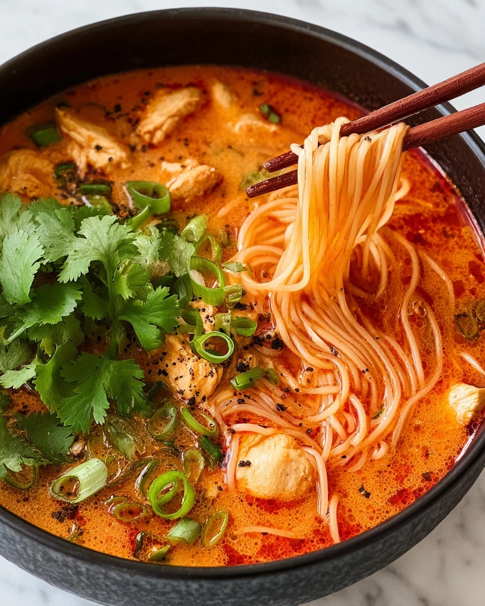 This image shows a close-up of a black bowl filled with orange-red broth with thin noodles submerged in it. There are several light beige chunks of chicken and some specks of black seasoning scattered on top. Bright green sliced scallions are arranged on one side, next to fresh green cilantro leaves that add a pop of color. A pair of brown wooden chopsticks hold a small bundle of noodles lifted above the soup. The bowl is placed on a white marbled surface. photo taken with an iphone --ar 4:5 --v 7