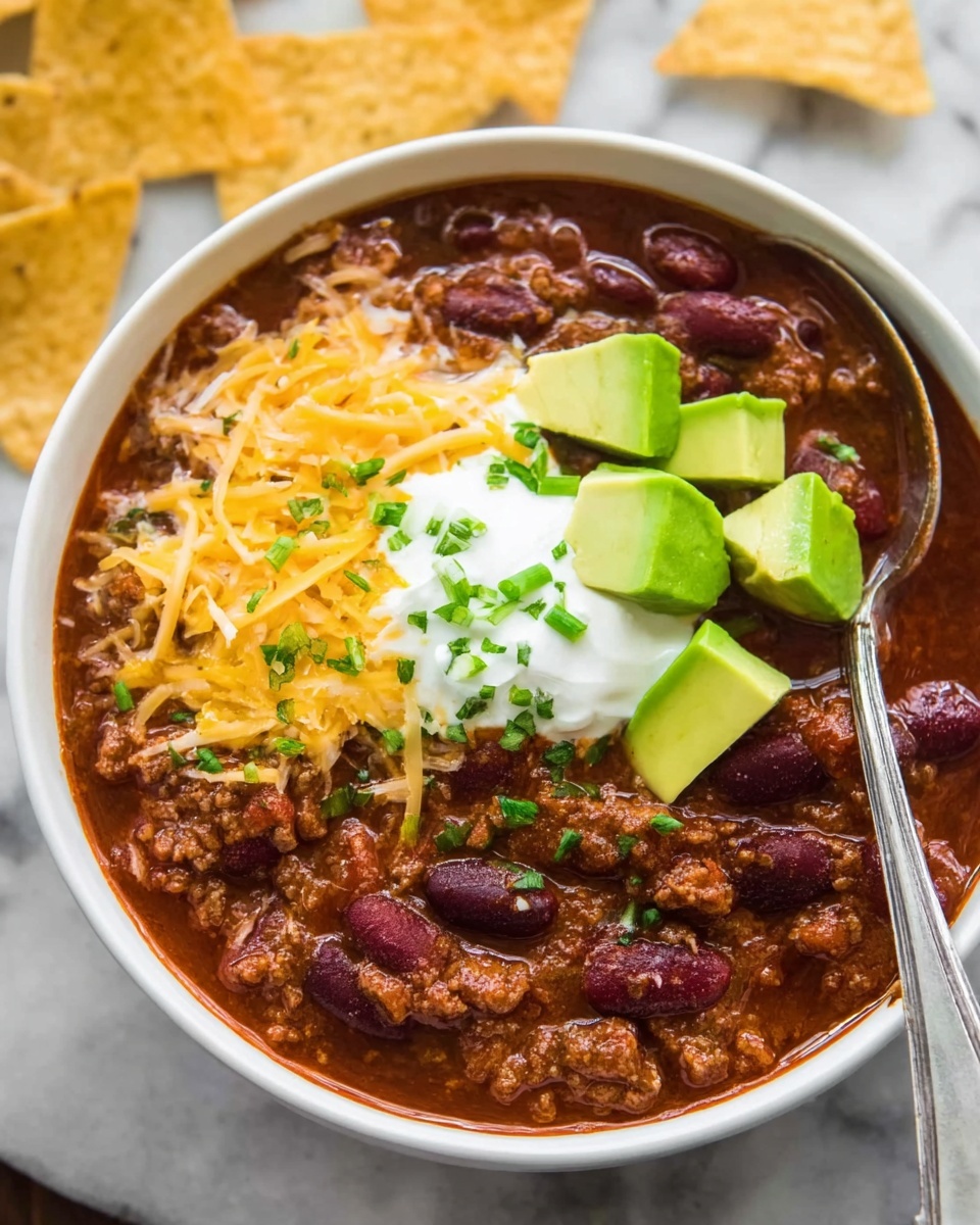 A white bowl filled with thick chili made of ground meat and dark red kidney beans in a rich reddish-brown sauce, topped with a small pile of shredded yellow cheddar cheese on the left side, a dollop of white sour cream near the top center, small bright green chives scattered on top, and several chunks of light green avocado on the right side. A silver spoon rests inside the bowl at the bottom right. The bowl is placed on a white marbled surface with some yellow corn tortilla chips blurred in the background. Photo taken with an iphone --ar 4:5 --v 7