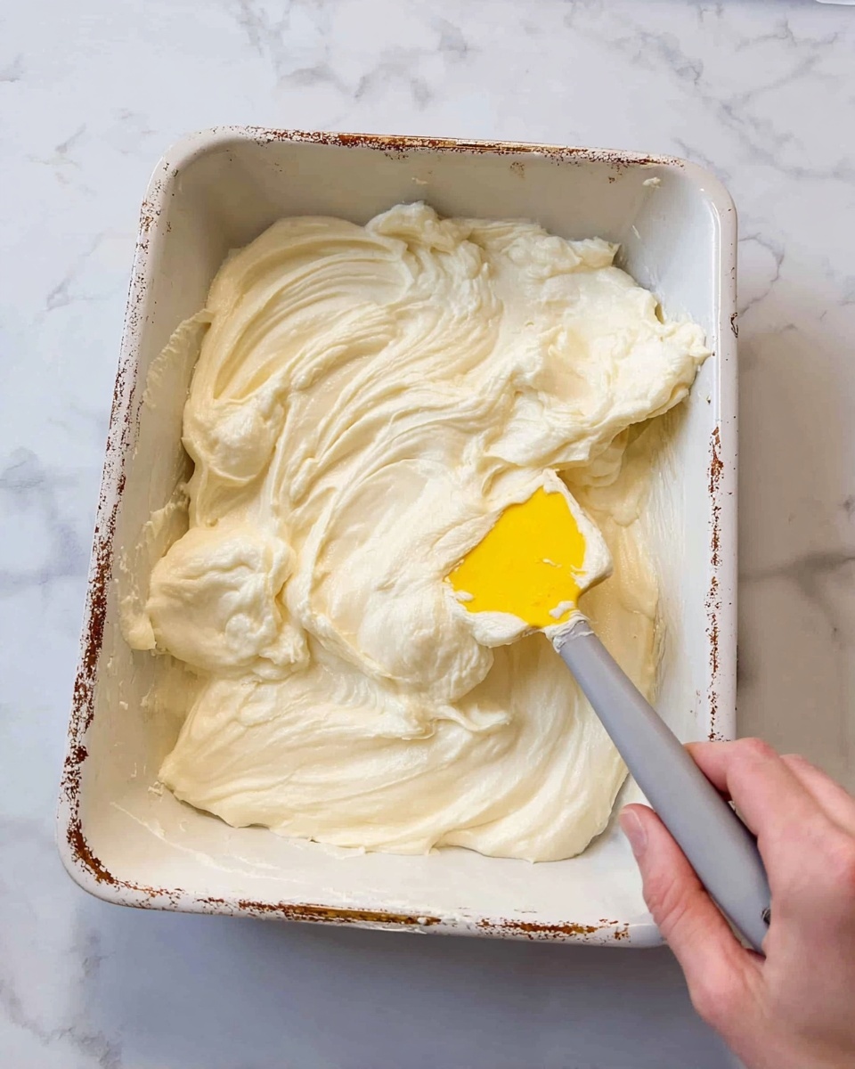 A close-up view of a white rectangular baking dish with slightly rusty edges, filled halfway with a thick, creamy white mixture being spread by a yellow spatula with a gray handle on the right side; a woman's hand holds the dish steady on the bottom right corner. The creamy layer is textured with soft swirls and waves, covering the bottom evenly but not fully smoothed. The dish is set on a white marbled surface. photo taken with an iphone --ar 4:5 --v 7