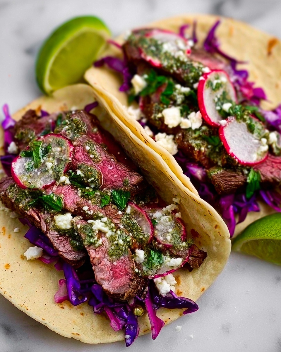 Two tacos are shown side by side on a white, soft tortilla resting on a white marbled surface. Each taco has a bottom layer of shredded purple cabbage, topped with thin slices of cooked pinkish-red steak with green herbs and sauce drizzled on top. Thin slices of radish add a light pink and white contrast, and small bits of white cheese are sprinkled over the steak. A wedge of green lime is placed next to the tacos. photo taken with an iphone --ar 4:5 --v 7