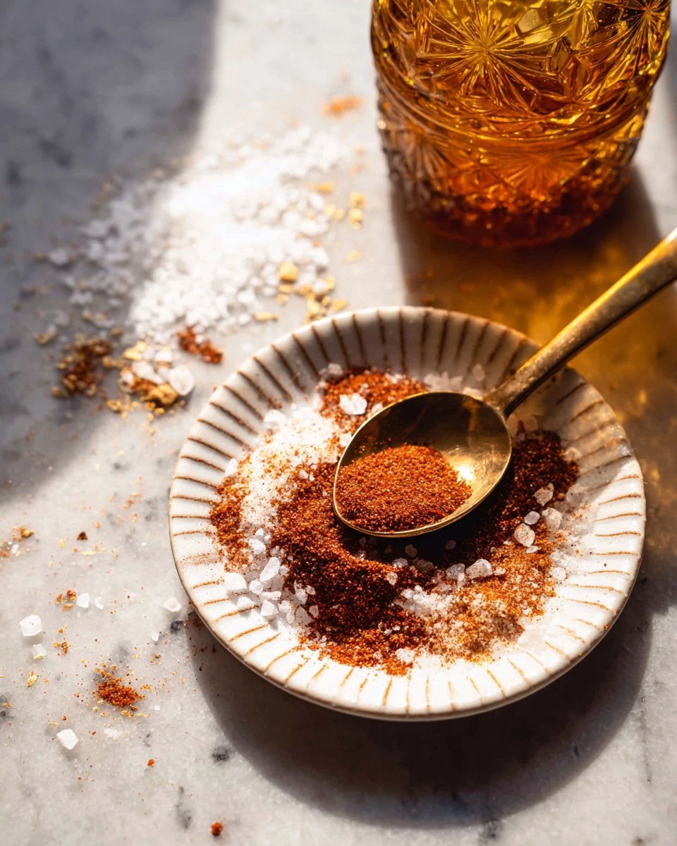 A small white ceramic plate with ridged edges holds a mix of spices: the base layer is a bright reddish-brown powder, topped with scattered coarse white salt crystals and some light brown granules, giving a textural contrast. A gold spoon rests on the plate, its bowl filled with a mix of the same spices and salt, and its long handle extends beyond the plate's edge. In the background, a patterned amber glass jar creates a warm glow, and the whole scene is set on a white marbled surface with scattered salt grains around. The light source casts soft shadows, adding depth to the textures. photo taken with an iphone --ar 4:5 --v 7