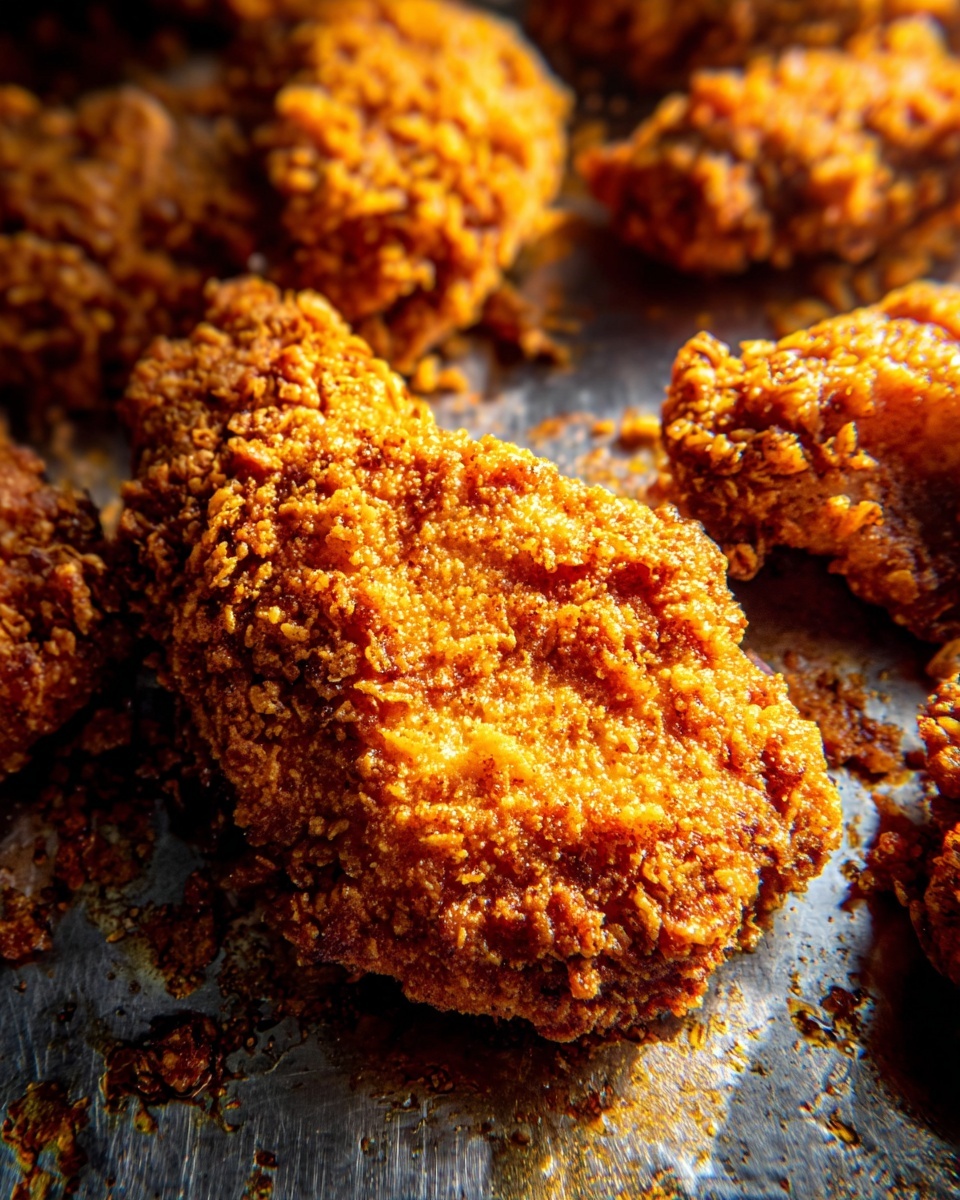 The image shows several pieces of crispy fried chicken with a thick, crunchy layer of golden brown coating. The coating looks textured with small, uneven crumbs and flakes, creating a rough surface. The chicken pieces lay on a metal tray with visible browned spots and oil stains, showing they were freshly fried. The lighting highlights the crispy crust and brings out warm orange and brown tones in the coating. photo taken with an iphone --ar 4:5 --v 7