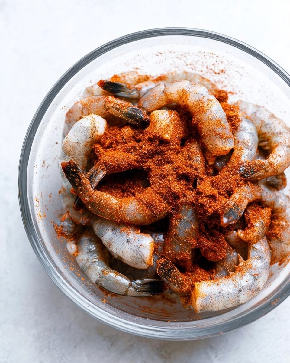 A clear glass bowl on a white marbled texture surface filled with raw shrimp arranged in layers, their pale grey bodies accented by dark tails. The shrimp are generously sprinkled with a deep reddish-brown spice powder that covers the shrimp unevenly, creating a textured look with some areas more heavily coated. The spices give the shrimp a rough, grainy appearance while the fishy shapes remain visible beneath. photo taken with an iphone --ar 4:5 --v 7