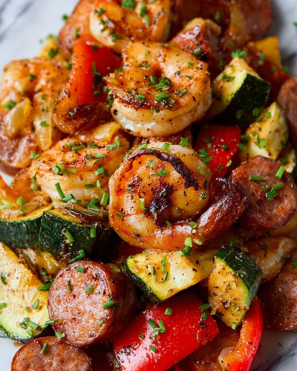 This close-up image shows a colorful dish with several layers and textures. The top layer has cooked shrimp with a golden brown color and a slightly crispy texture, mixed with slices of browned sausage that are round and juicy. Below the shrimp and sausage, there are pieces of grilled zucchini with a light green skin and soft, slightly charred insides, along with chunks of bright red bell pepper that look soft and cooked. All ingredients are scattered together, sprinkled with small chopped green herbs, possibly chives. The dish sits on a white marbled surface. photo taken with an iphone --ar 4:5 --v 7