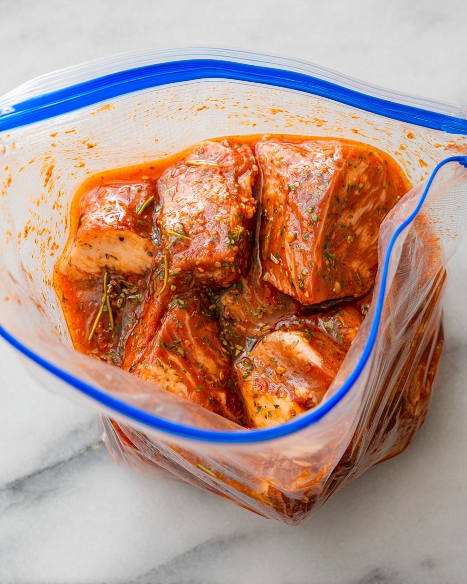 A clear resealable plastic bag containing several pieces of raw meat marinating in a reddish-orange sauce with visible herbs and spices. The meat pieces are coated evenly with the marinade, giving the inside of the bag a glossy, slightly wet texture. The bag is partially zipped open and rests on a white marbled surface, with the blue zipper line at the top of the bag contrasting with the warm colors inside. Photo taken with an iphone --ar 4:5 --v 7