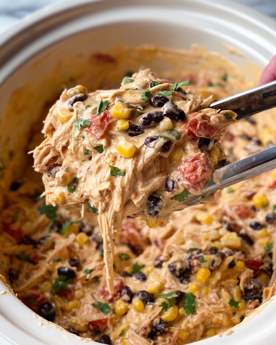 The image shows a close-up of a creamy mixture being lifted from a white slow cooker with metal tongs. The dish has several layers of shredded white chicken mixed with yellow corn kernels, black beans, small red tomato pieces, and green cilantro bits. The sauce is light tan and thick, covering all ingredients smoothly. The white slow cooker and white marbled surface provide a clean background to the colorful mix. A woman's hand holds the tongs lifting a portion of the dish, showing its chunky and creamy texture well. photo taken with an iphone --ar 4:5 --v 7
