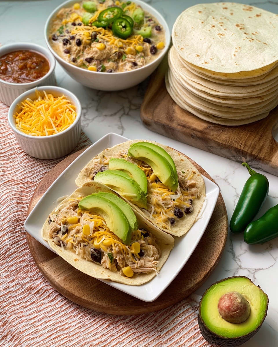 Three soft white tortillas filled with mixed layers sit on a square white plate placed on a round wooden board. Each tortilla has a base layer of creamy mixture with black beans, corn, and shredded chicken in light beige with yellow and black specks, topped with shredded yellow cheese and three slices of bright green avocado arranged on top. Next to the plate are two fresh green jalapeño peppers. Behind the plate, to the right, is a stack of plain white tortillas. To the upper right side is a white bowl filled with the same creamy mixture topped with avocado slices and a small green herb. Near it are small white ramekins: one with shredded yellow cheese, one with reddish-brown salsa, and one with chopped green jalapeños. A halved avocado with the seed is placed on a white and orange striped cloth on a white marbled surface photo taken with an iphone --ar 4:5 --v 7