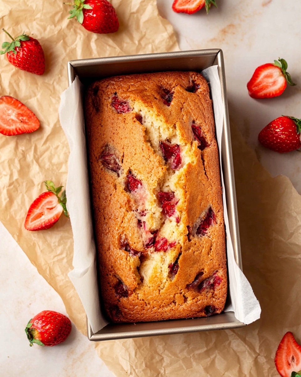 A rectangular loaf cake with a golden brown top sits in a silver baking pan lined with white parchment paper. The top layer has an uneven, textured surface with embedded pieces of bright red strawberries peeking through. The cake looks soft with a few visible cracks and browned edges. Around the pan, fresh whole and sliced strawberries are scattered on crumpled light brown parchment placed over a white marbled surface. Photo taken with an iphone --ar 4:5 --v 7