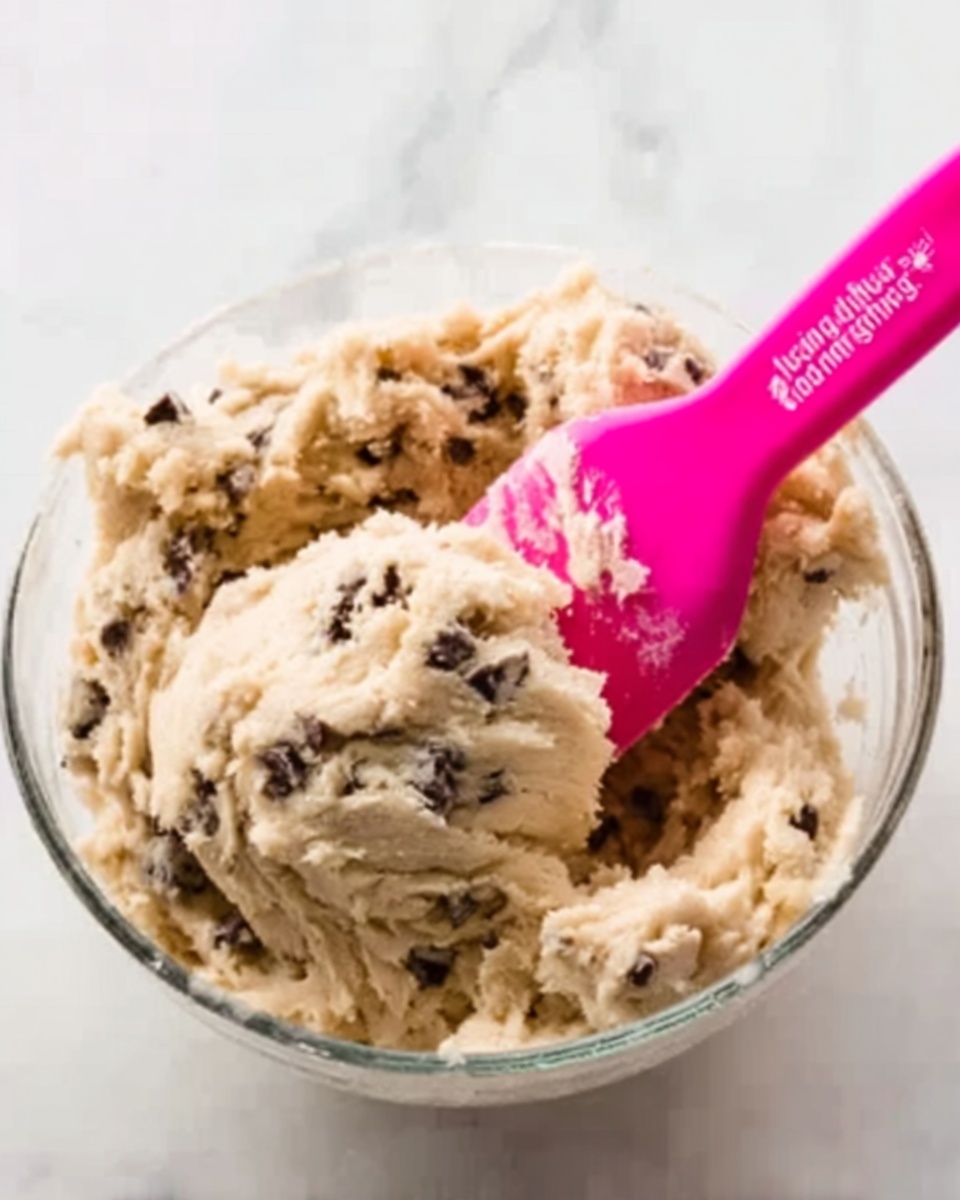 A clear glass bowl filled with light beige cookie dough mixed with small dark chocolate chunks. A bright pink silicone spatula with white text is resting inside the bowl, partly covered with dough. The bowl is placed on a white marbled surface. photo taken with an iphone --ar 4:5 --v 7