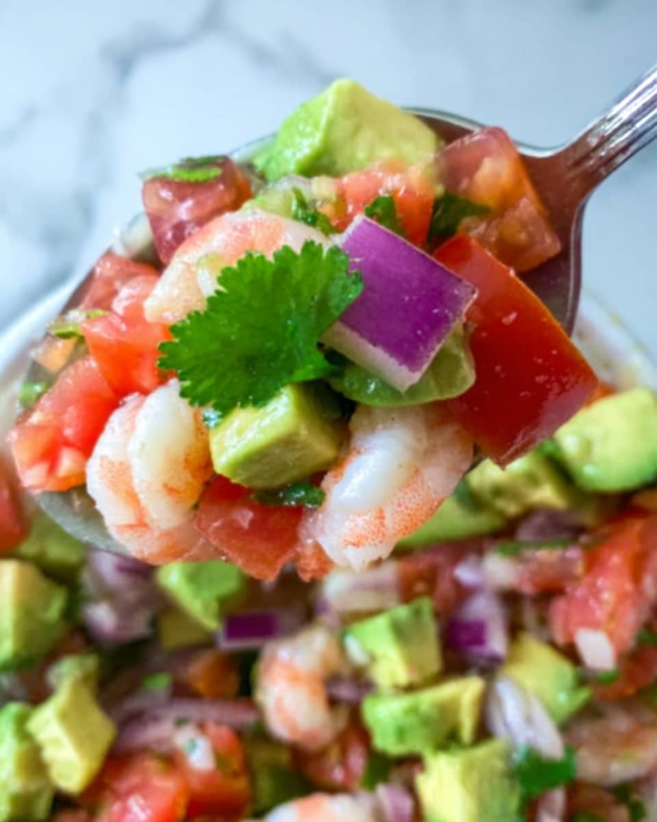 The image shows a close-up of a colorful shrimp salad with visible layers. The bottom layer has small pink shrimp pieces with a slightly shiny texture. Above that, there are diced green avocado cubes with a smooth and creamy texture. Bright red tomato chunks are mixed throughout, adding a fresh, juicy look. A piece of purple onion slice and a bright green cilantro leaf sit on the silver spoon held by a woman's hand, suspended over the salad. The background is a white marbled texture. photo taken with an iphone --ar 4:5 --v 7