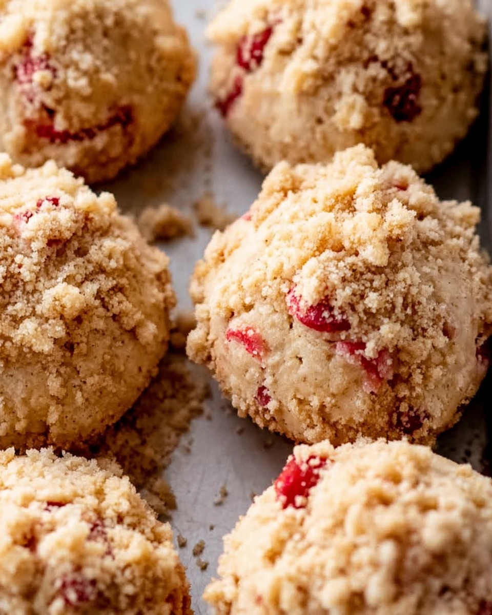 The image shows a close-up view of round muffins with a crumbly, light brown topping sprinkled on them. Small pieces of red fruit, likely cherries or berries, are visible inside the muffins and slightly on top. The muffins are placed closely together inside a baking pan with a white marbled texture underneath. The crumb topping looks dry and crunchy, while the muffin base appears moist and soft. The overall look shows a mix of soft beige tones with bright red spots from the fruit. photo taken with an iphone --ar 4:5 --v 7