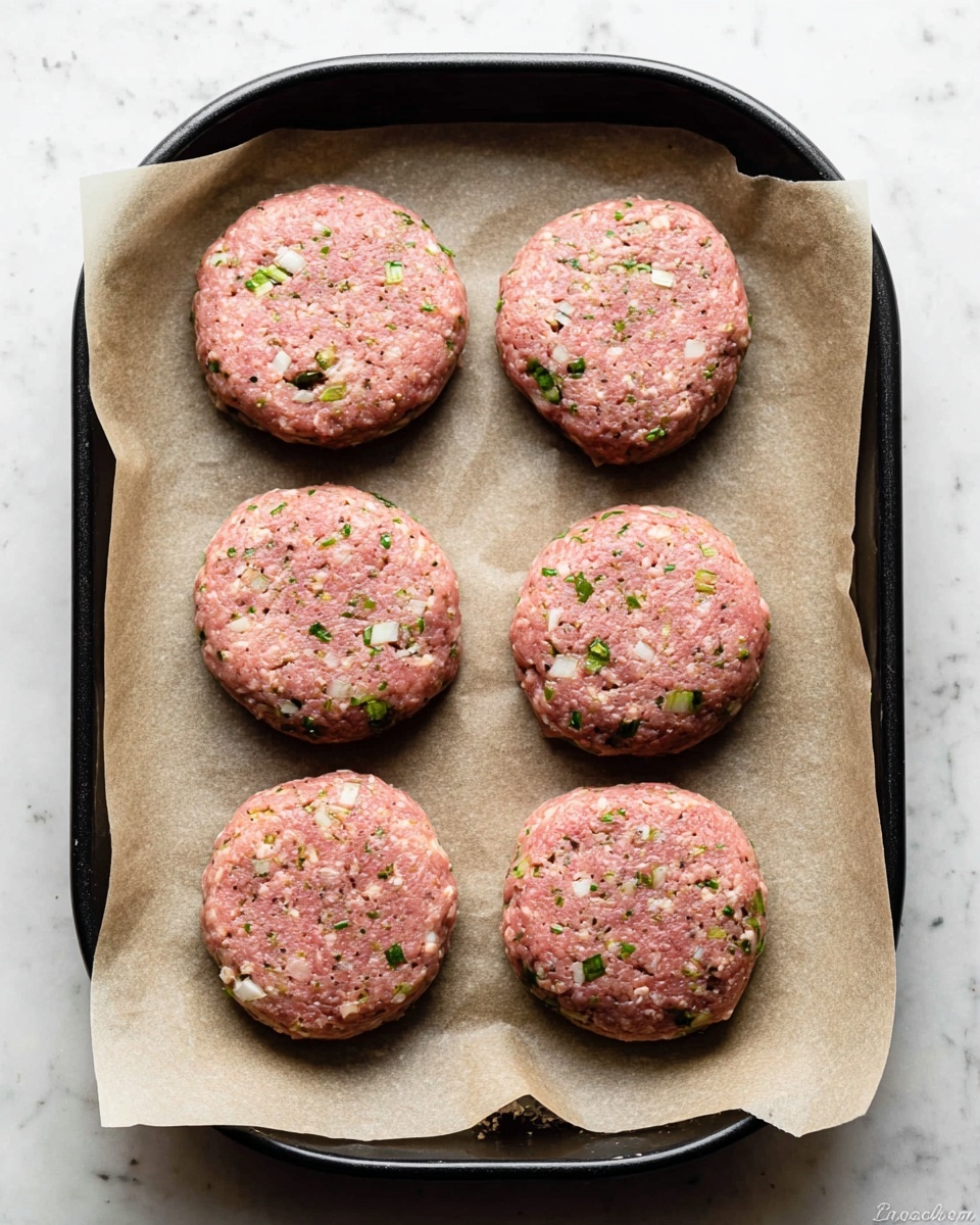 A black round baking tray lined with beige parchment paper holds six raw burger patties arranged in two neat columns of three. Each patty is pink with small pieces of green herbs and white onion mixed evenly throughout, giving them a speckled texture. The background is a white marbled surface, adding a clean contrast to the raw meat and parchment paper. photo taken with an iphone --ar 4:5 --v 7