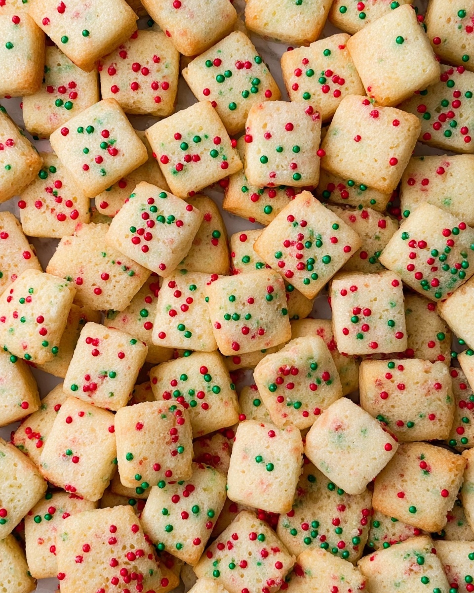 The image shows many small square cookies stacked closely together on a white marbled surface. Each cookie is light cream colored with a soft, slightly crumbly texture and is decorated with tiny round sprinkles in red, green, and white scattered evenly across the surface. The cookies are thick and appear firm, with slightly rounded edges. There are no layers in the cookies themselves, only the solid base with colorful sprinkles on top. photo taken with an iphone --ar 4:5 --v 7