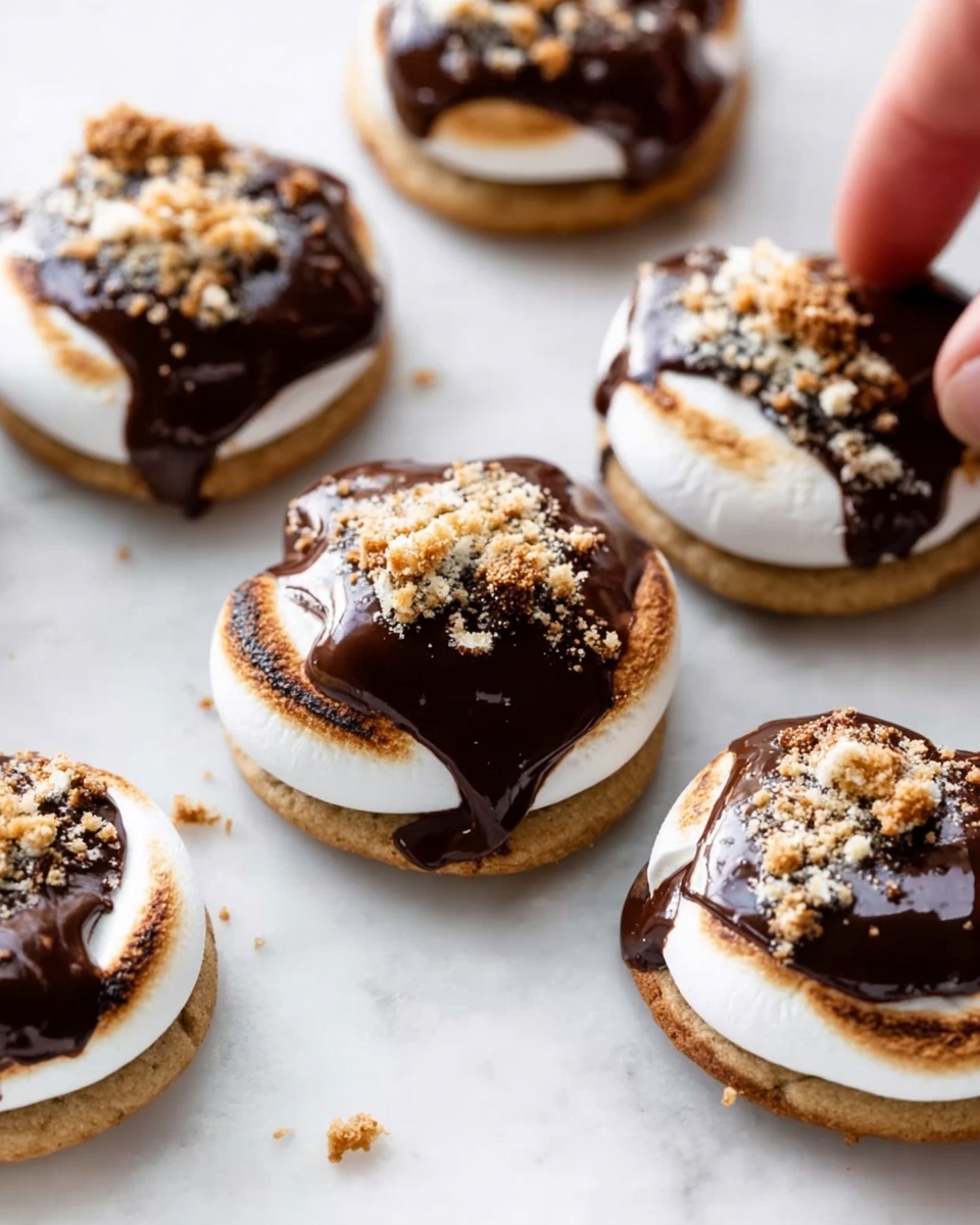 The image shows several small round cookies arranged on a white marbled surface. Each cookie has one layer of light brown cookie base, topped with a thick layer of white marshmallow that is fluffy and soft. On the top of the marshmallow, there is a shiny, smooth layer of dark brown chocolate sauce that covers most of the marshmallow with some spilling onto the cookie edges. Finally, there are small crushed pieces of light brown graham cracker sprinkled on top of the chocolate. A woman's hand is reaching into the frame from the bottom right, lightly touching one of the cookies. Photo taken with an iphone --ar 4:5 --v 7