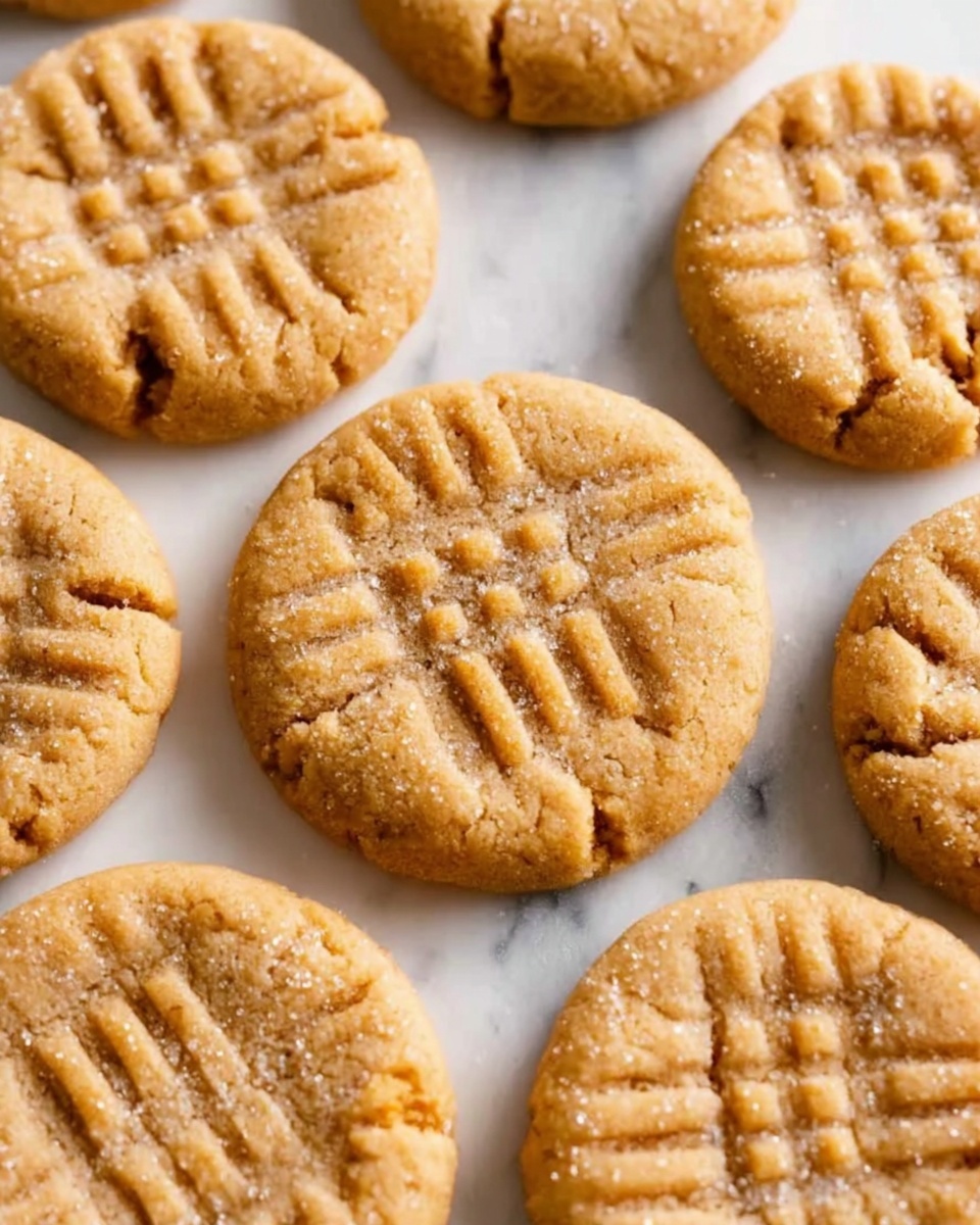 The image shows a close-up of several round peanut butter cookies on a white marbled surface. Each cookie is golden brown with a slightly cracked texture and has a crisscross pattern pressed into the top with a fork. The cookies are sprinkled lightly with sugar that shines softly in the light. They are spread out evenly, filling the frame with some cookies overlapping slightly, showing their soft but firm surface photo taken with an iphone --ar 4:5 --v 7