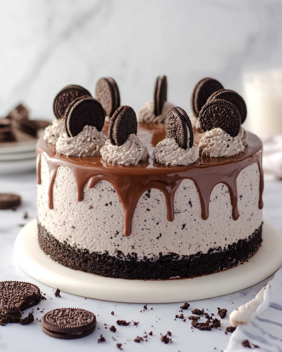 The cake is round with three main layers: a bottom dark crumb layer made of crushed cookies, a thick middle layer of light grayish cream with small dark cookie specks, and a smooth chocolate glaze layer dripping down the sides. On top, there are eight dollops of the same grayish cream evenly spaced around the edge, each topped with a half dark cookie standing upright. The cake sits on a white base and is placed on a white marbled surface with whole and crushed cookies scattered nearby. Photo taken with an iphone --ar 4:5 --v 7