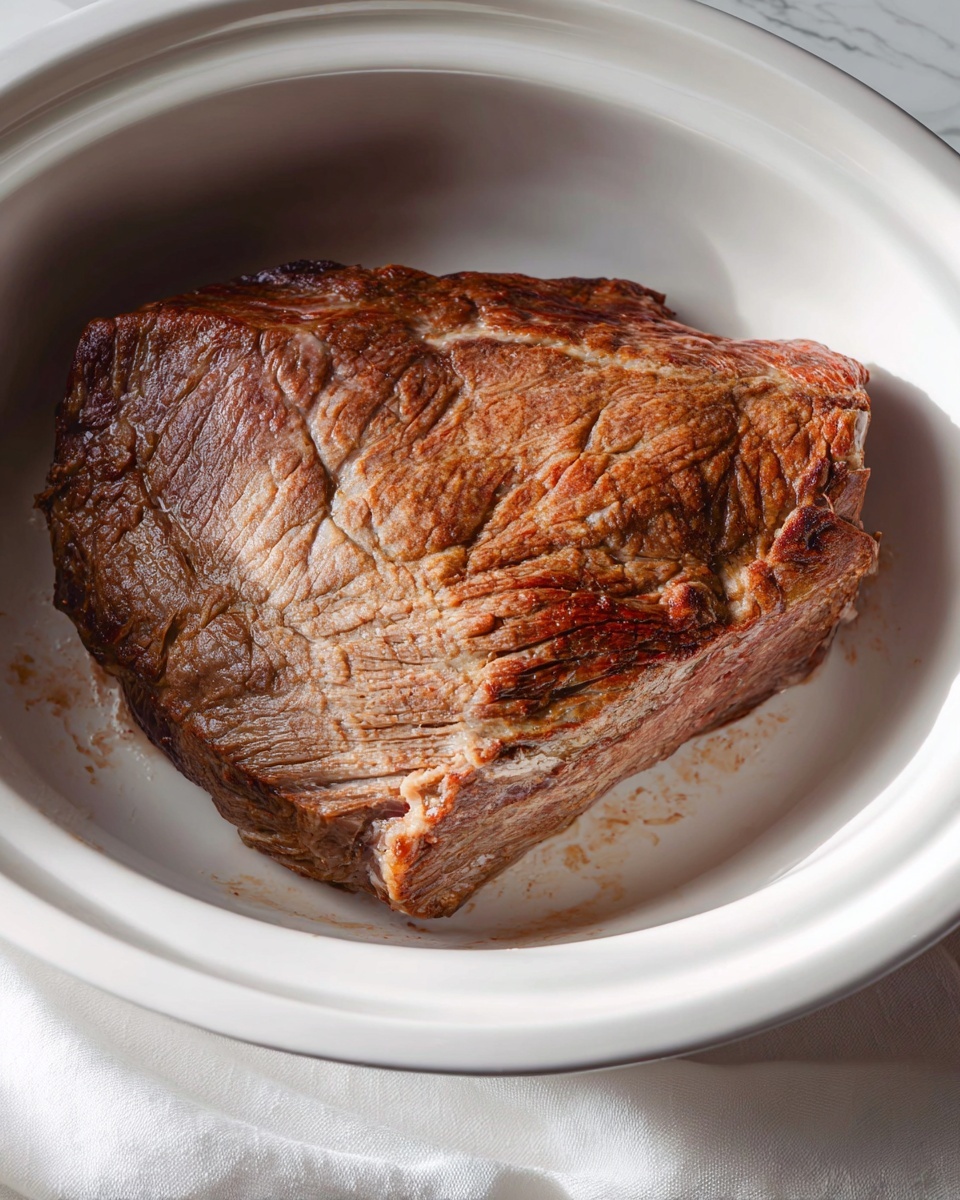 A large piece of cooked meat sits centered in a white bowl, showing a browned, slightly crispy texture on top with shades of light and dark brown. The meat has visible grain and some marbling, indicating it’s tender and juicy inside. The white bowl contrasts with the rich colors of the meat, and the scene is set on a white marbled surface with soft natural light. Photo taken with an iphone --ar 4:5 --v 7