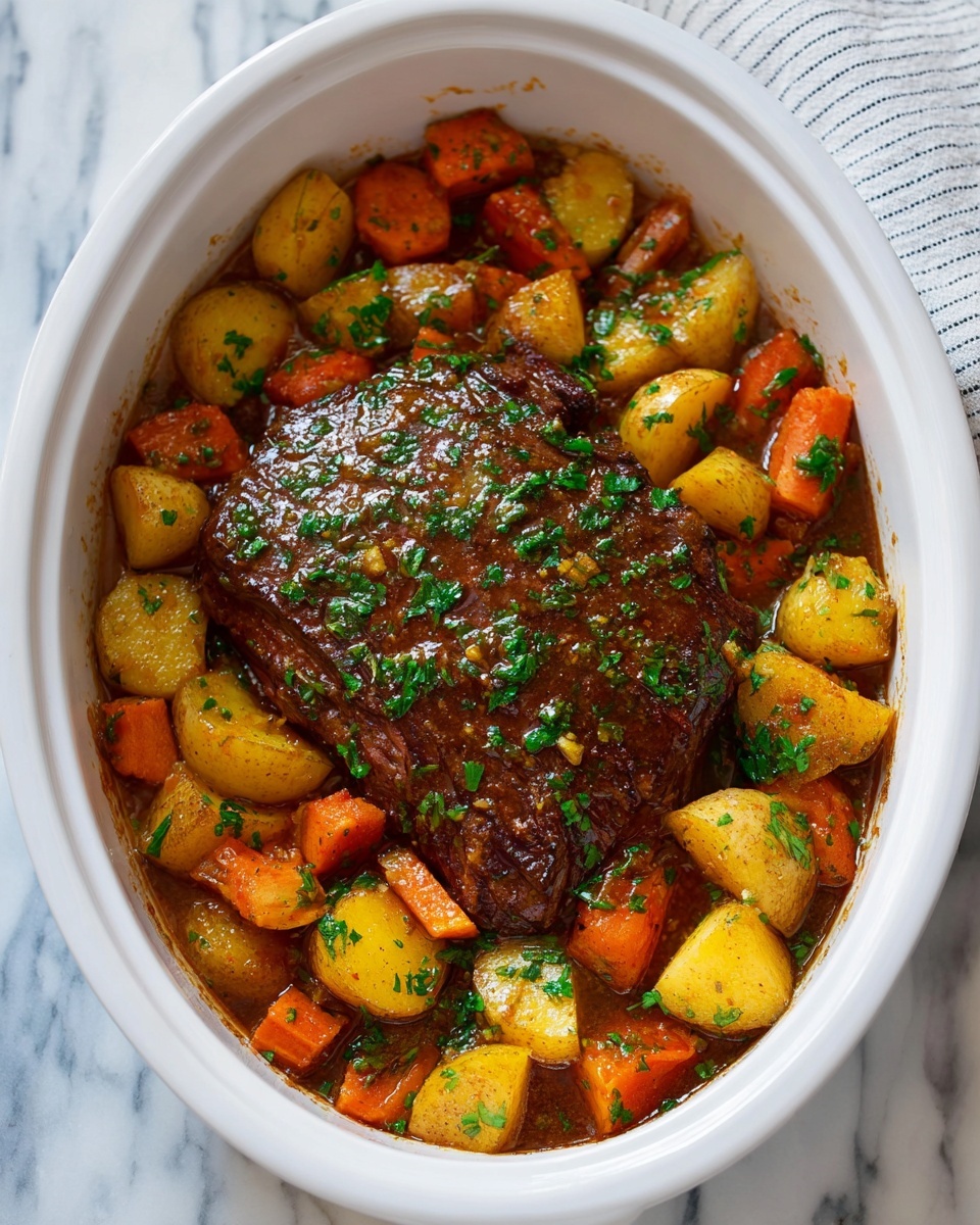 This image shows a white oval dish filled with a cooked meal. At the center, there is a large, brown, glossy piece of meat covered with small green herb pieces. Surrounding the meat are chunky pieces of yellow potatoes and bright orange carrot sections, all mixed together with more scattered green herbs. The dish sits on a white marbled surface with a lightly striped cloth partially visible on one side. The whole presentation looks warm and hearty. photo taken with an iphone --ar 4:5 --v 7