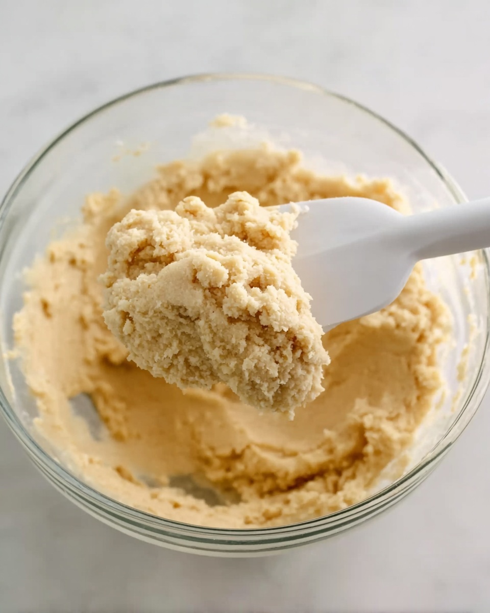 The image shows a close-up of a clear glass bowl filled with a thick, light beige dough mixture. A white spatula is lifting a scoop of the dough, showcasing its soft and slightly crumbly texture. The dough appears dense and moist, with small clumps visible on the surface. The bowl sits on a white marbled surface. The photo is taken from above, highlighting the dough and spatula in the center of the frame. Photo taken with an iphone --ar 4:5 --v 7
