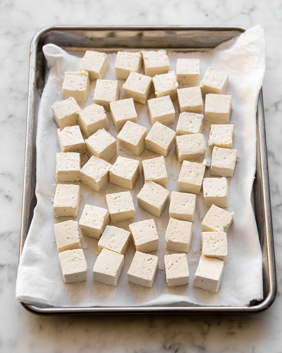 The image shows a large metal tray covered with a white cloth on top of a white marbled surface. On the tray, there are many small, evenly spaced cubes of tofu. Each tofu cube is light cream color with a smooth but slightly textured surface. The cubes are arranged in a grid pattern filling the tray, with no overlapping. The overall look is simple and clean. photo taken with an iphone --ar 4:5 --v 7