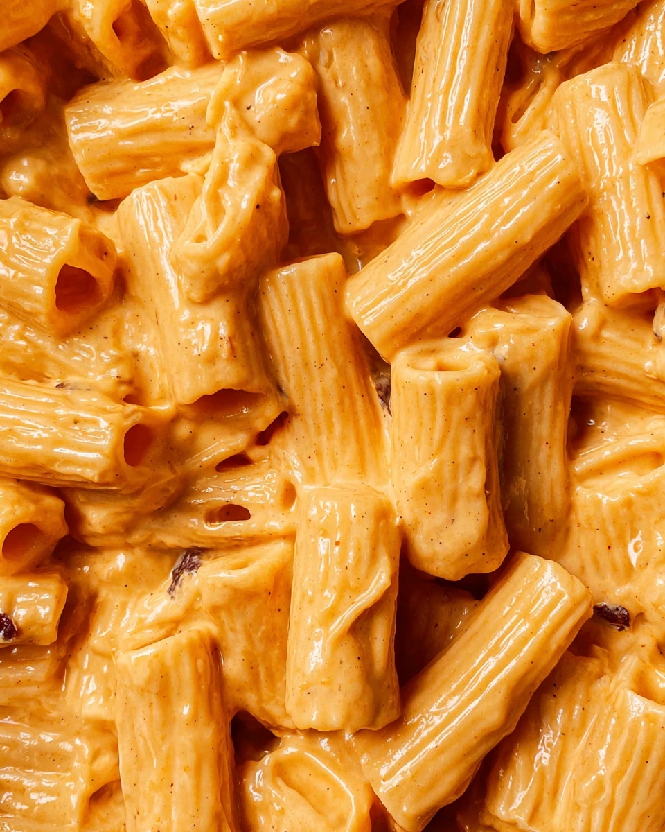 Close-up view of pasta rigatoni with thick creamy orange sauce layered evenly on all pasta pieces, showing smooth and slightly speckled texture of sauce covering the hollow tube-shaped noodles. The sauce forms one single cohesive layer wrapping each pasta piece, giving a rich and smooth look. The background is a white marbled texture. photo taken with an iphone --ar 4:5 --v 7