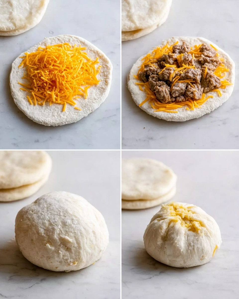The image shows four steps of a food preparation on a white marbled surface. In the first step, there is a round, flat, white dough piece with a slightly rough texture. In the second step, a layer of bright orange shredded cheese is spread on top of the dough, covering the center area. In the third step, pieces of cooked brown meat are piled on top of the cheese, with some bits of light yellow butter visible under the meat. In the final step, the dough is folded over into a sealed ball shape, smooth and round, hiding the filling inside. In the background, two round white dough pieces are stacked. Photo taken with an iphone --ar 4:5 --v 7
