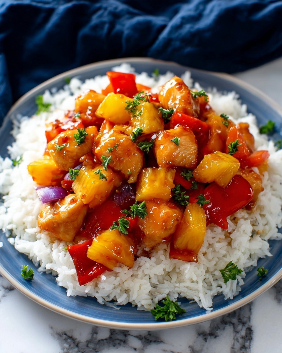 A white plate holds a base layer of fluffy white rice, topped with a mix of glossy, cubed pieces of orange chicken, bright yellow pineapple chunks, and vibrant red and orange bell pepper pieces. There are also small bits of purple onion and green parsley sprinkled on top and around the colorful mix, adding a fresh contrast. The food has a shiny glaze that makes it look hot and tasty. The plate sits on a white marbled surface with a blurred dark blue cloth in the background. photo taken with an iphone --ar 4:5 --v 7