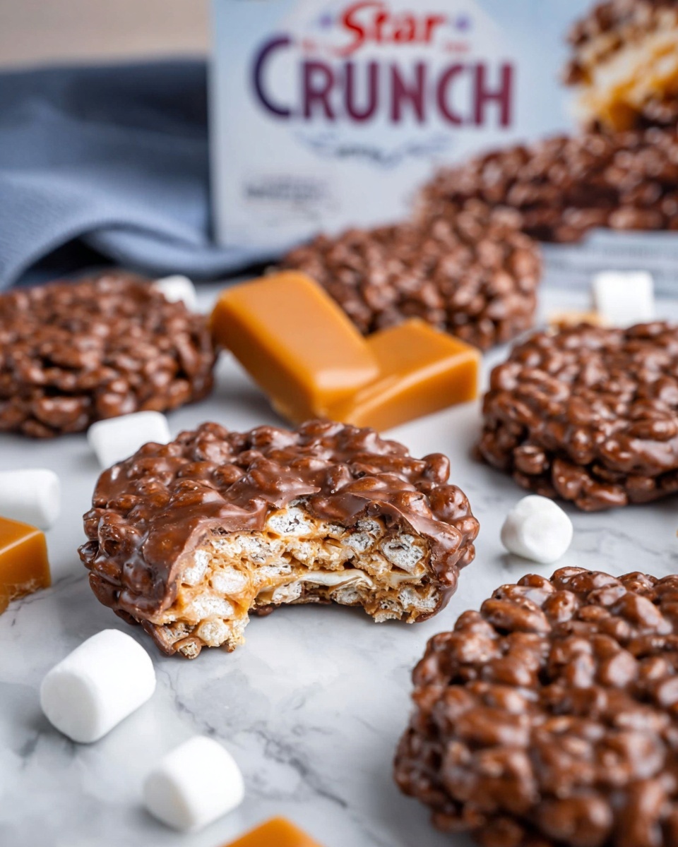 The image shows several round chocolate rice cereal treats placed directly on a white marbled surface. Each treat is made of a single layer, with visible puffed rice pieces coated in a shiny, smooth chocolate layer. One treat in the center front has a bite taken out of it, revealing its light, crispy inside texture. There are a couple of caramel pieces placed behind the treats, adding a rich orange-brown color contrast. Small white marshmallows are scattered lightly around the treats. The background is softly blurred, showing part of a Star Crunch box. Photo taken with an iphone --ar 4:5 --v 7
