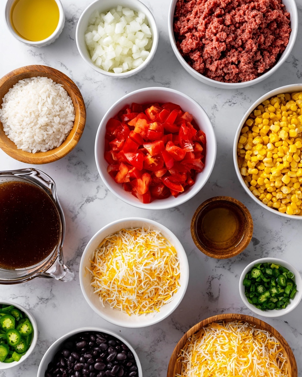 The image shows multiple bowls with fresh ingredients on a white marbled surface. Starting from the top right, there is a white bowl filled with raw ground beef, below it a white bowl with chopped white onions, to the left a small wooden bowl with white rice, and above it a small wooden bowl with golden oil. At center, there is a white bowl with chopped roasted red tomatoes, below it a white bowl of bright yellow corn, and to the bottom left a white bowl filled with shiny black beans. To the bottom right, a large white bowl is heaped with shredded mix of yellow and white cheese. Small wooden bowls with minced garlic and chopped green peppers are placed around, along with a glass measuring cup filled with dark brown broth. The composition is bright with clear focus on the fresh textures and colors of the ingredients photo taken with an iphone --ar 4:5 --v 7