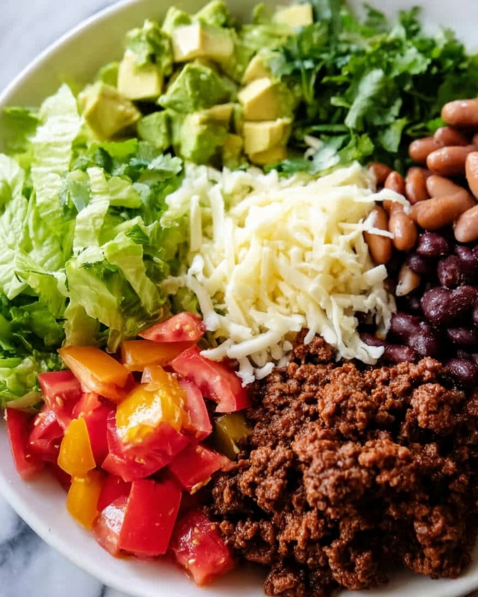 This close-up image shows a white plate filled with many colorful layers arranged side by side. The top left has light green lettuce leaves, next to bright green avocado chunks. To the right of the avocado are light brown cooked beans. Above and to the right are dark green cilantro leaves. On the right side of the plate sits a layer of dark brown cooked ground meat. Below the avocado and lettuce are small pieces of red and orange tomatoes. Finally, at the bottom center is a pile of white shredded cheese. The plate sits on a white marbled surface. The photo is taken with an iphone --ar 4:5 --v 7