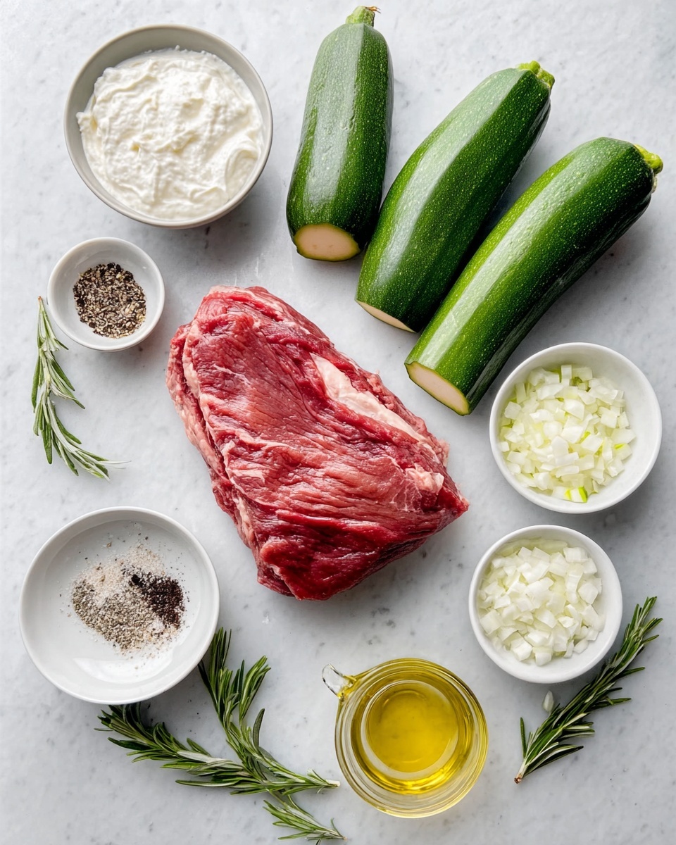 The image shows a white marbled surface with several ingredients arranged neatly. In the center lies a raw piece of red meat with visible fat layers. Surrounding it are small white bowls filled with white cream, black and white pepper mix, salt, and chopped white onions. Next to the bowls are three whole green zucchinis, one of which is cut at an angle to reveal its light green insides. There is also a small glass container with yellow oil, and a few green rosemary sprigs placed nearby. The photo is taken with an iphone --ar 4:5 --v 7