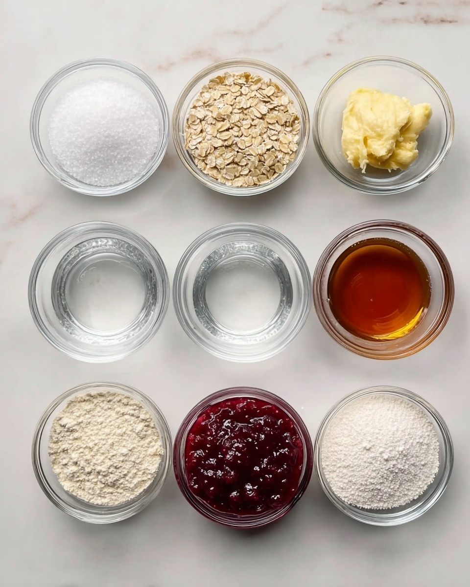The image shows eight small clear glass bowls placed on a white marbled surface in two rows. The top row has four bowls: the first bowl contains coarse white salt crystals, the second bowl is filled with light brown rolled oats, the third bowl has a pale yellow soft spread, and the fourth bowl contains clear water. The bottom row features four bowls as well: the first bowl holds fine white powder, the second bowl is filled with amber-colored liquid, the third bowl contains thick dark red berry jam with visible seeds, and the last bowl has more fine white powder. The bowls are all evenly spaced, and the whole setup is clean and orderly. Photo taken with an iphone --ar 4:5 --v 7