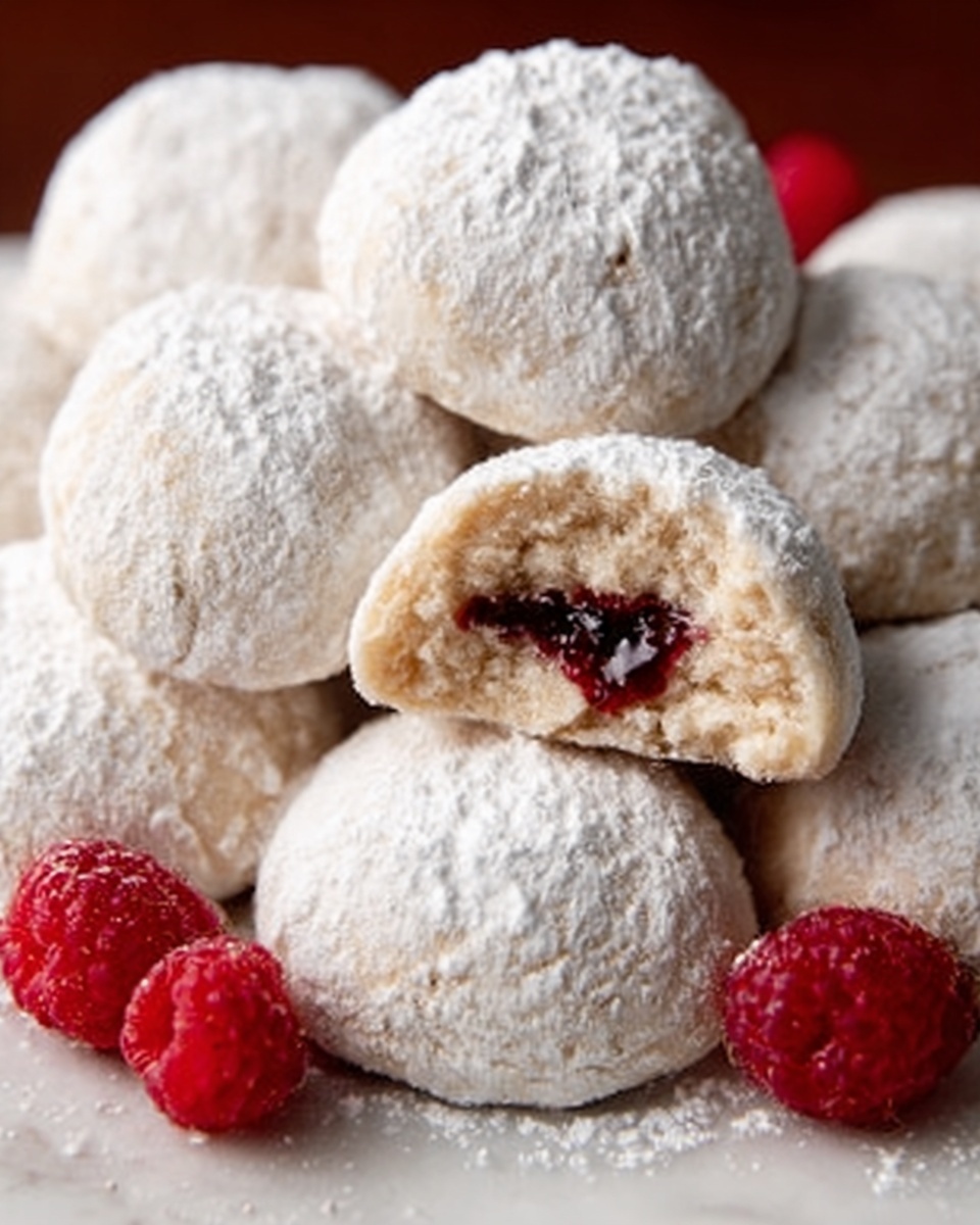 A group of round cookies covered with white powdered sugar is arranged closely together, stacked in about two layers. Each cookie has a soft, crumbly texture with a pale beige color visible underneath the powdered sugar. One cookie in the front is broken open, showing a dark red jam filling that looks smooth and thick. Bright red raspberries and a few beige sticks are placed around the cookies on a white marbled table surface. photo taken with an iphone --ar 4:5 --v 7