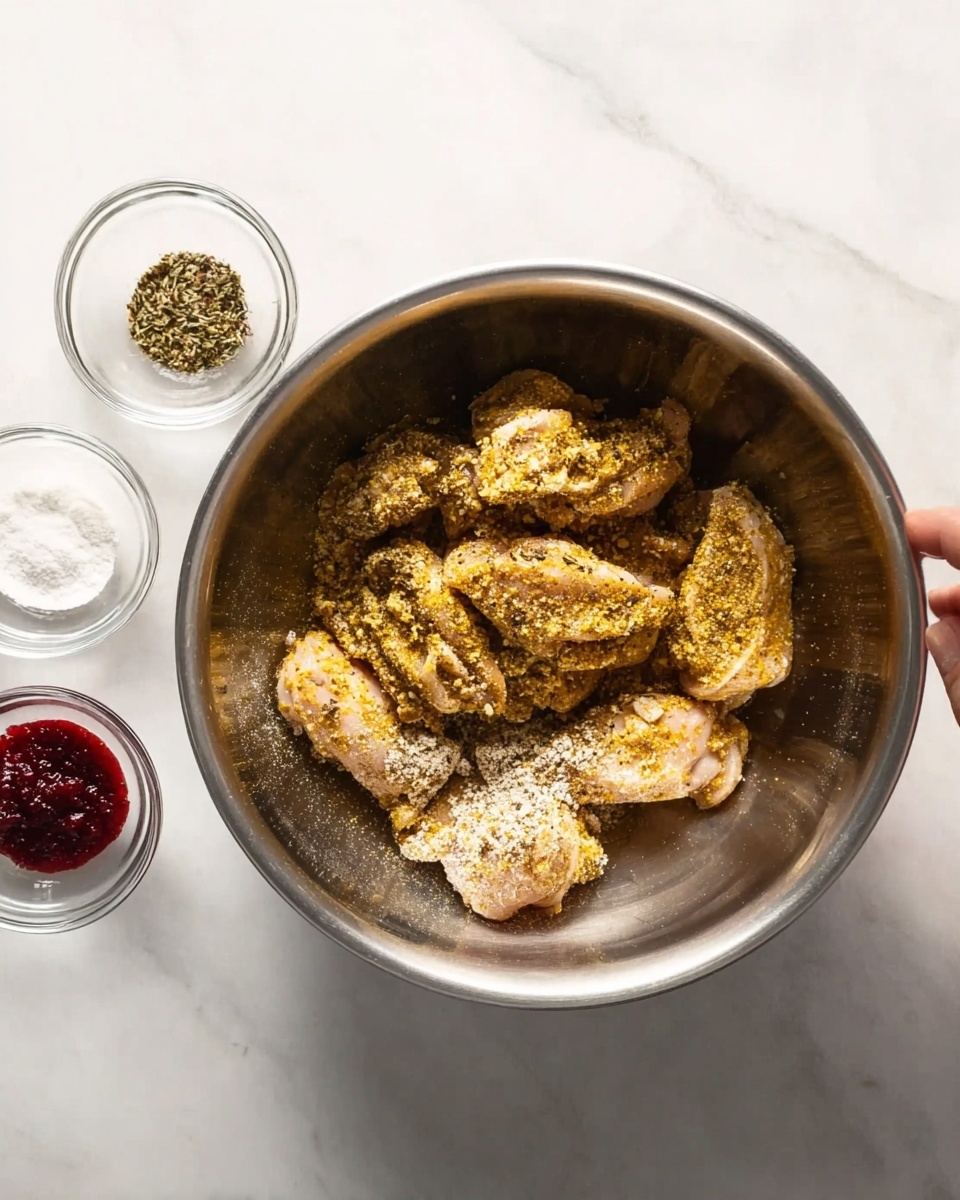 The image shows raw chicken pieces inside a metal bowl. The chicken pieces are coated with a mix of coarse spices, herbs, and seasonings, giving them a speckled appearance in shades of brown, yellow, and black. The metal bowl has a shiny silver surface and sits on a white marbled texture. A woman's hand is partially visible, gently mixing or holding the chicken pieces. photo taken with an iphone --ar 4:5 --v 7