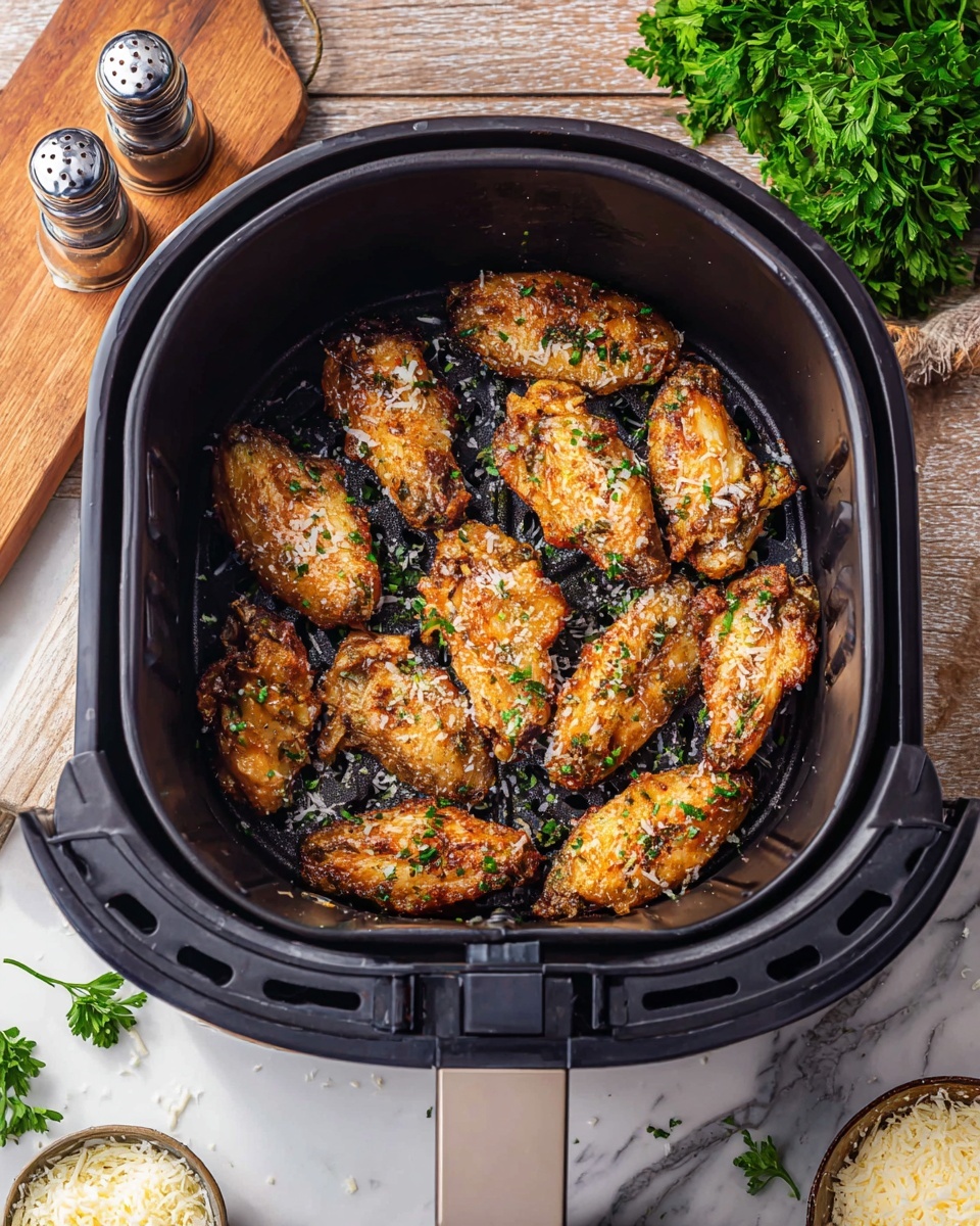 A black air fryer basket filled with crispy golden brown chicken wings arranged evenly, each wing sprinkled with small green herb bits and grated white cheese, sitting on a white marbled wooden surface with green parsley bunches, salt and pepper shakers, and a small bowl with grated cheese nearby; the air fryer handle is grey with a light brown tip. photo taken with an iphone --ar 4:5 --v 7