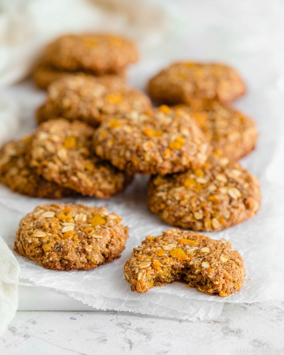 The image shows a group of round cookies with a textured surface made of oats and small orange pieces scattered throughout. The cookies are arranged in rows on white parchment paper, which rests on a stack of additional white parchment sheets. The cookies have a slightly rough and chunky look, with a soft brown color mixed with bright orange bits. In the background, one cookie is broken in half, revealing the same oat and orange filling inside. The setting is on a white marbled surface that adds brightness to the whole scene. photo taken with an iphone --ar 4:5 --v 7