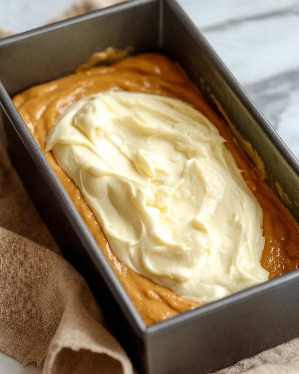 A close-up view of a rectangular dark gray baking pan containing two layers of thick batter. At the bottom and sides, there is a caramel-colored batter with a smooth and slightly shiny texture. On top, near the center, there is a smaller mound of creamy white batter with a soft, fluffy appearance, contrasting with the darker layer underneath. The pan rests on a beige cloth, and the background shows a white marbled surface. photo taken with an iphone --ar 4:5 --v 7