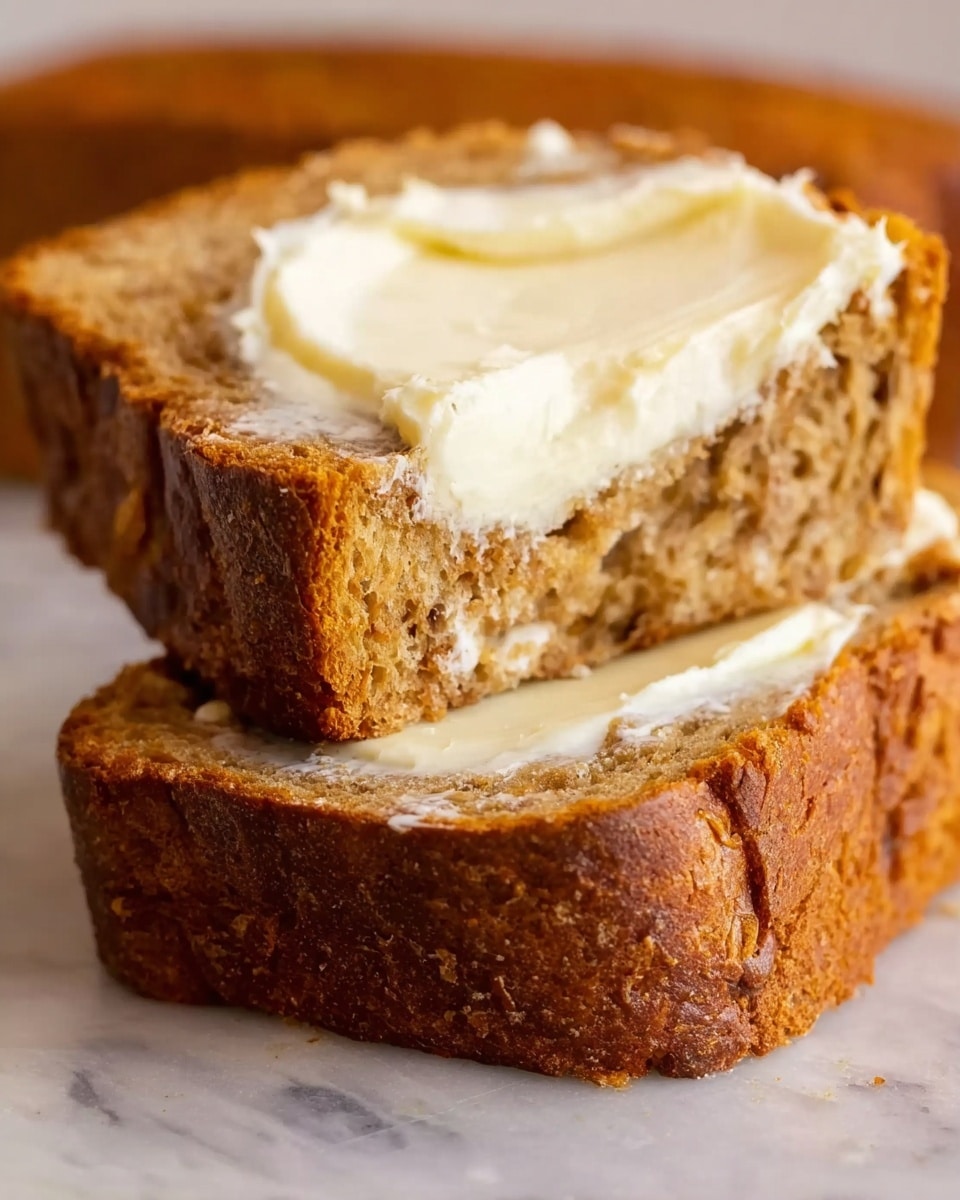 The image shows a close-up of two thick slices of brown bread stacked on top of each other on a white marbled surface. The top slice has a thick layer of white butter melting slightly into the soft, textured surface of the bread. The bread has a rough crust with a dark golden brown color and a moist, crumbly inside with light brown and darker speckled details. The bottom slice supports the top piece, with a darker crust color visible. photo taken with an iphone --ar 4:5 --v 7