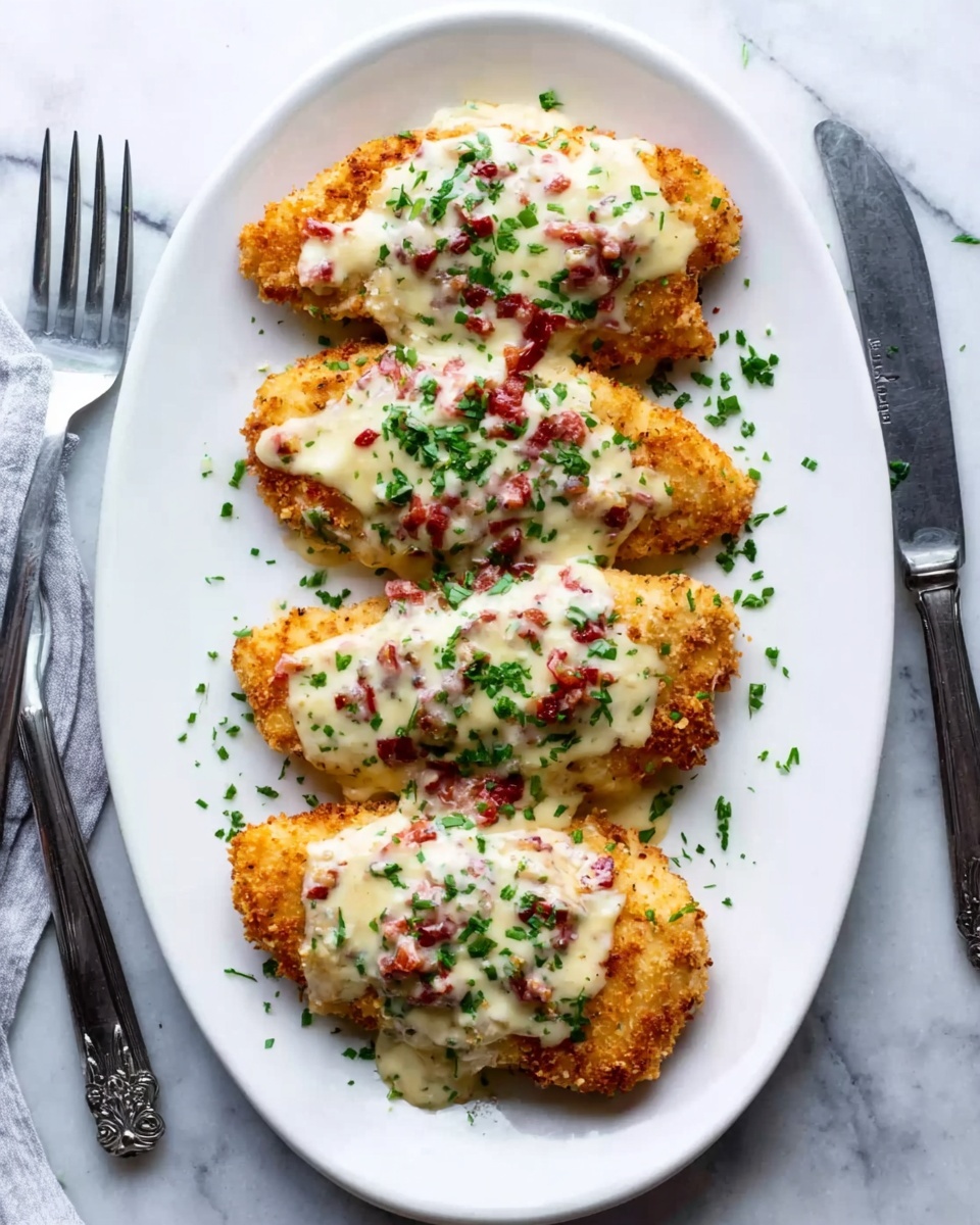 A white oval plate holds four pieces of golden-brown breaded chicken arranged in two rows. Each piece is topped with a creamy white sauce with small bits of red and green vegetables scattered throughout. The chicken is sprinkled with finely chopped green herbs, adding a fresh look. The plate is set on a white marbled surface, with a fork and knife visible on the left side, and a woman's hand with a fork near the top left corner. photo taken with an iphone --ar 4:5 --v 7