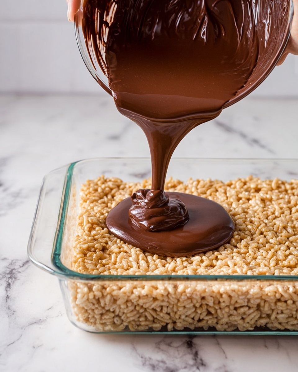 A clear glass rectangular dish is filled with a thick layer of light golden crispy rice cereal pressed evenly to cover the bottom. A woman's hand holds a glass bowl above the dish, pouring a smooth, rich dark chocolate sauce that spreads slowly over the cereal layer, creating a glossy pool of chocolate in the center. The background is a white marbled surface that adds a clean look to the scene. photo taken with an iphone --ar 4:5 --v 7