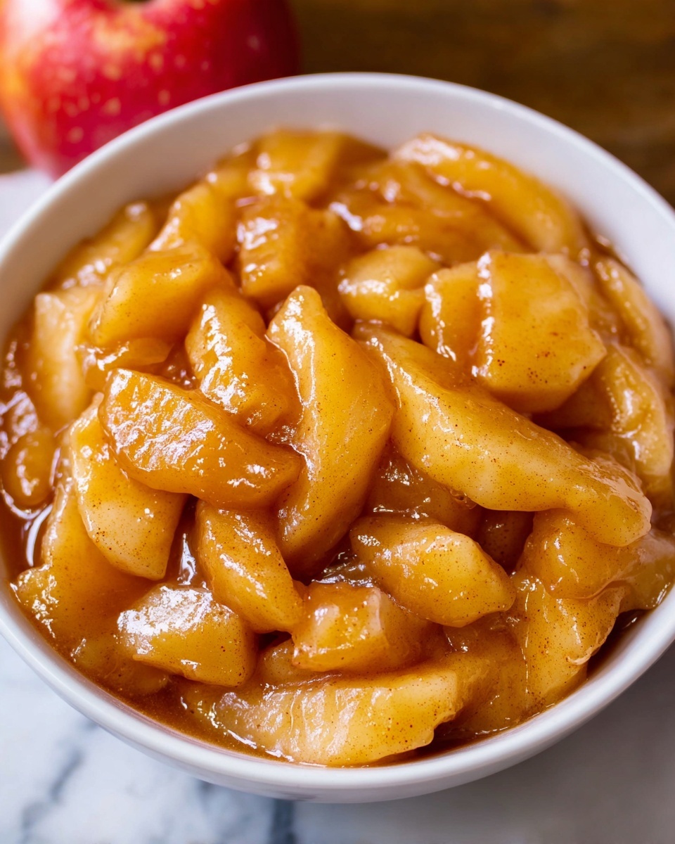 A white bowl filled with soft, light tan apple slices coated in a shiny, thick, golden brown syrup with visible specks of cinnamon, giving it a warm and glossy texture. The apples are cut into uneven, chunky slices layered closely together, all covered in the syrup that pools slightly around the edges. The background is a white marbled texture, and a red apple is partially visible at the top left corner. Photo taken with an iphone --ar 4:5 --v 7