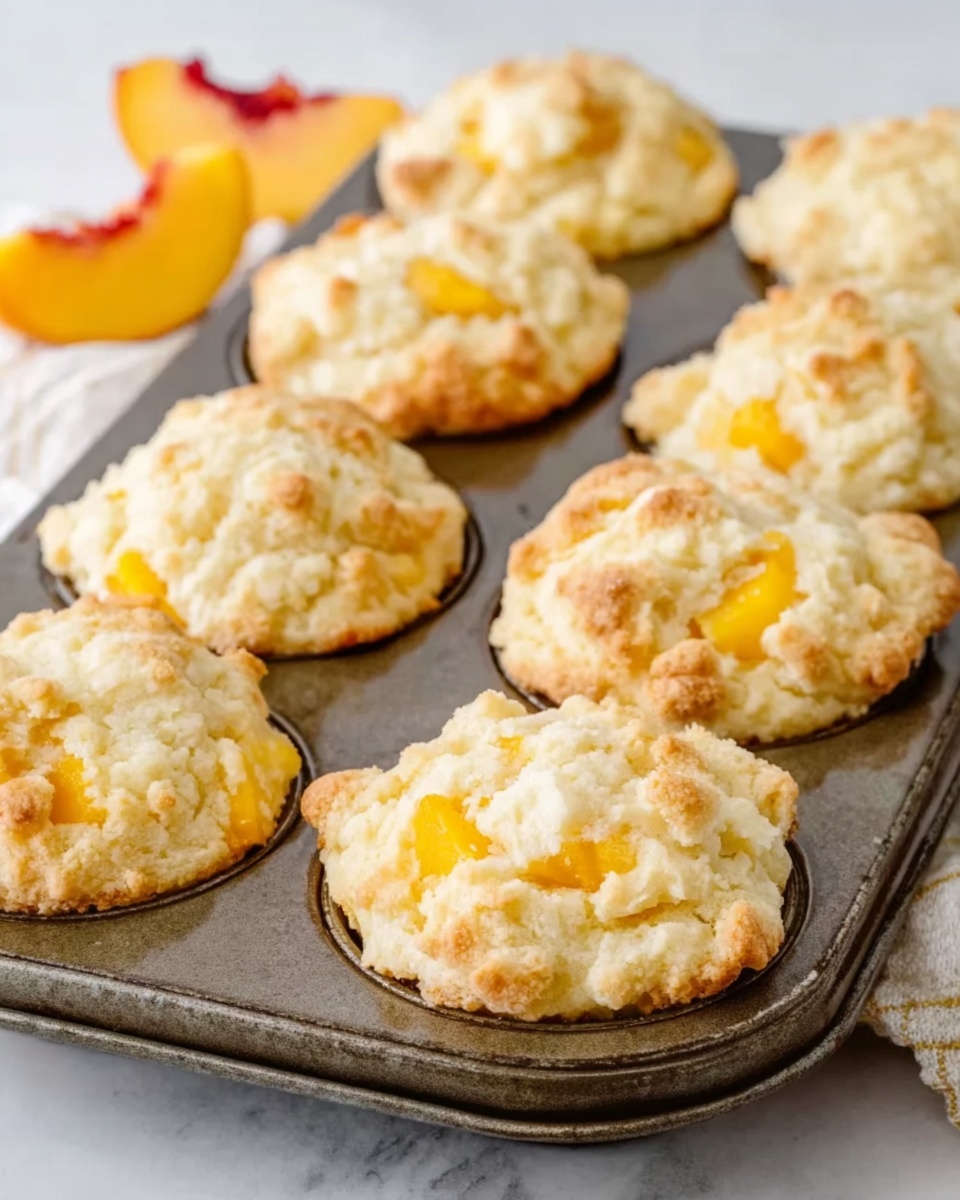 The image shows a metal muffin tray filled with nine freshly baked peach muffins. Each muffin has a light golden-brown crust with soft, crumbly tops that look slightly textured. Visible pieces of peach, in a bright yellow-orange color, are mixed inside and peeking on the surface of each muffin. The tray sits on a white marbled surface, and in the background, there is part of a peach slice used as decoration. The photo has soft lighting, highlighting the warm tones of the muffins. Photo taken with an iphone --ar 4:5 --v 7