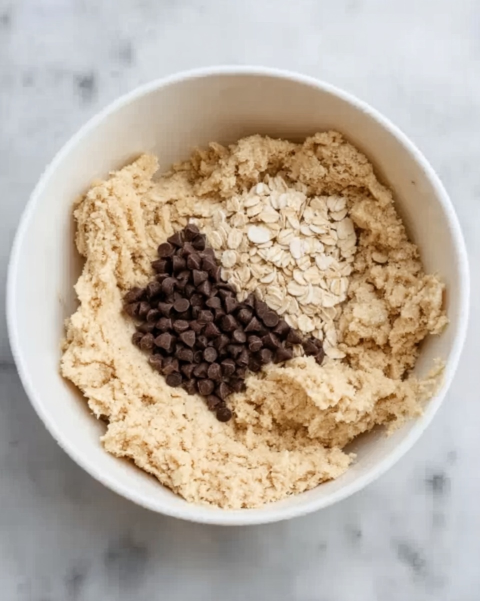 A white bowl filled with light beige cookie dough, with the dough forming an uneven, rough texture around the edges. On top of the dough, there are two visible clusters: one made up of small, flat, light-colored rice cereal pieces spread mostly on the right side, and another consisting of dark brown, round chocolate chips concentrated near the center-left area. The bowl sits on a white marbled surface. photo taken with an iphone --ar 4:5 --v 7